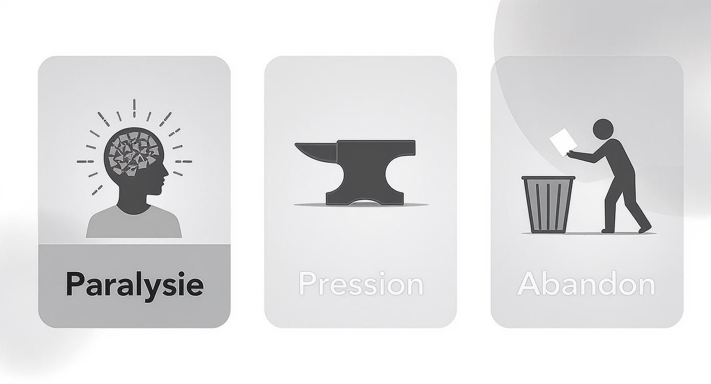 Infographie illustrant les trois étapes de l'angoisse de la page blanche : la paralysie, la pression et l'abandon.