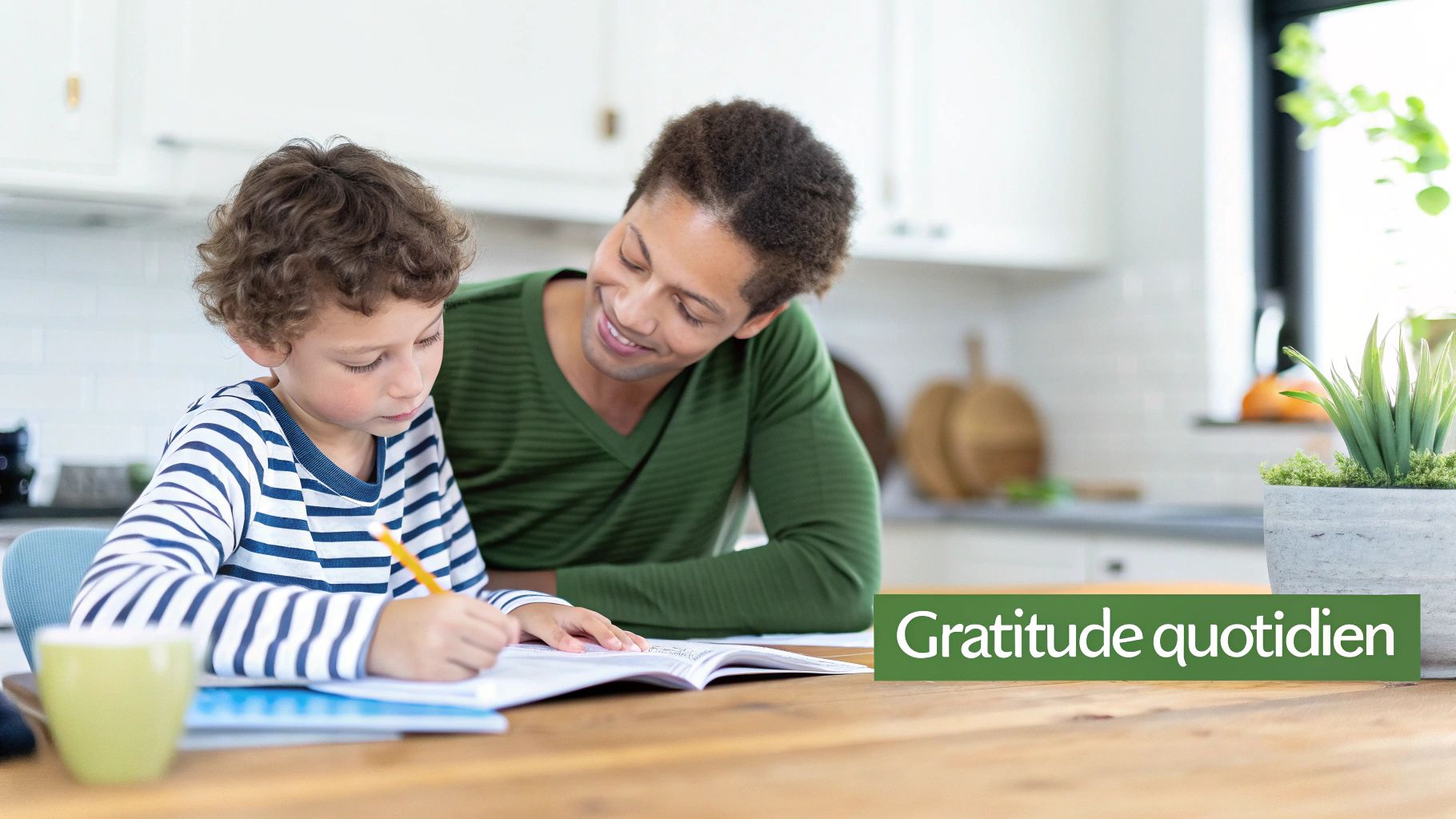 Père et fils souriants écrivant dans un cahier sur une table en bois, promouvant la gratitude quotidienne.