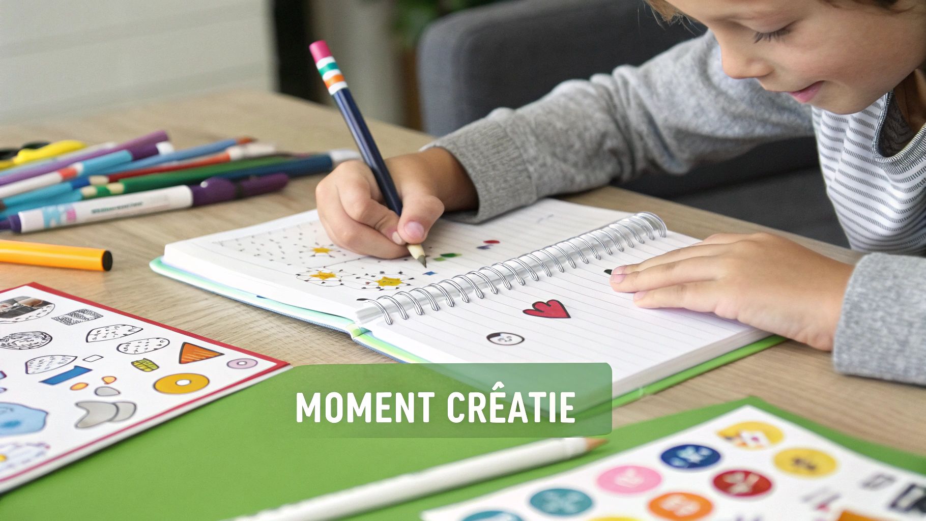 Un enfant décore son journal avec des autocollants et des dessins colorés sur un bureau en bois.