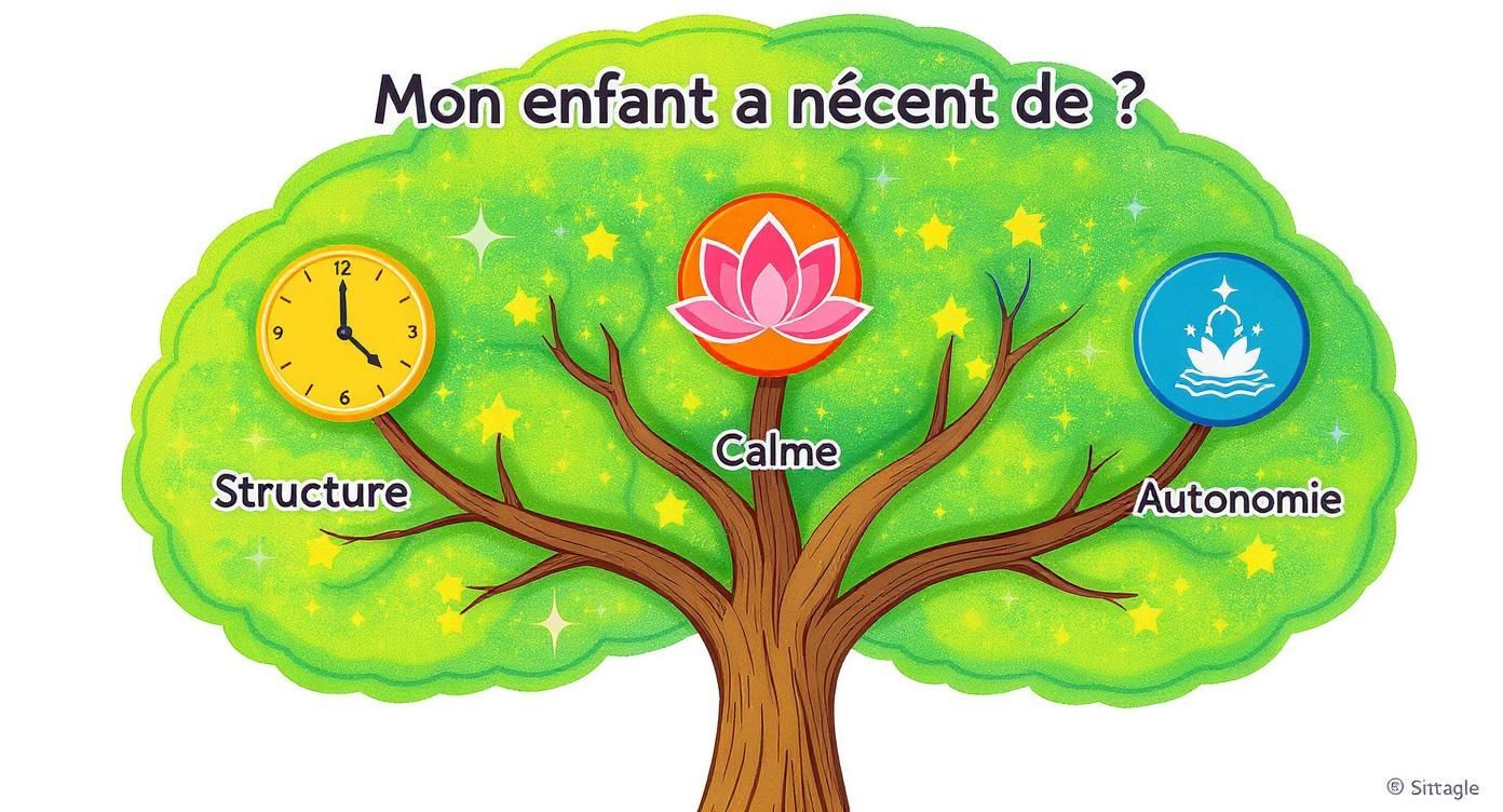 A tree illustrating the three essential needs of a child: structure, calm, and autonomy for their development.