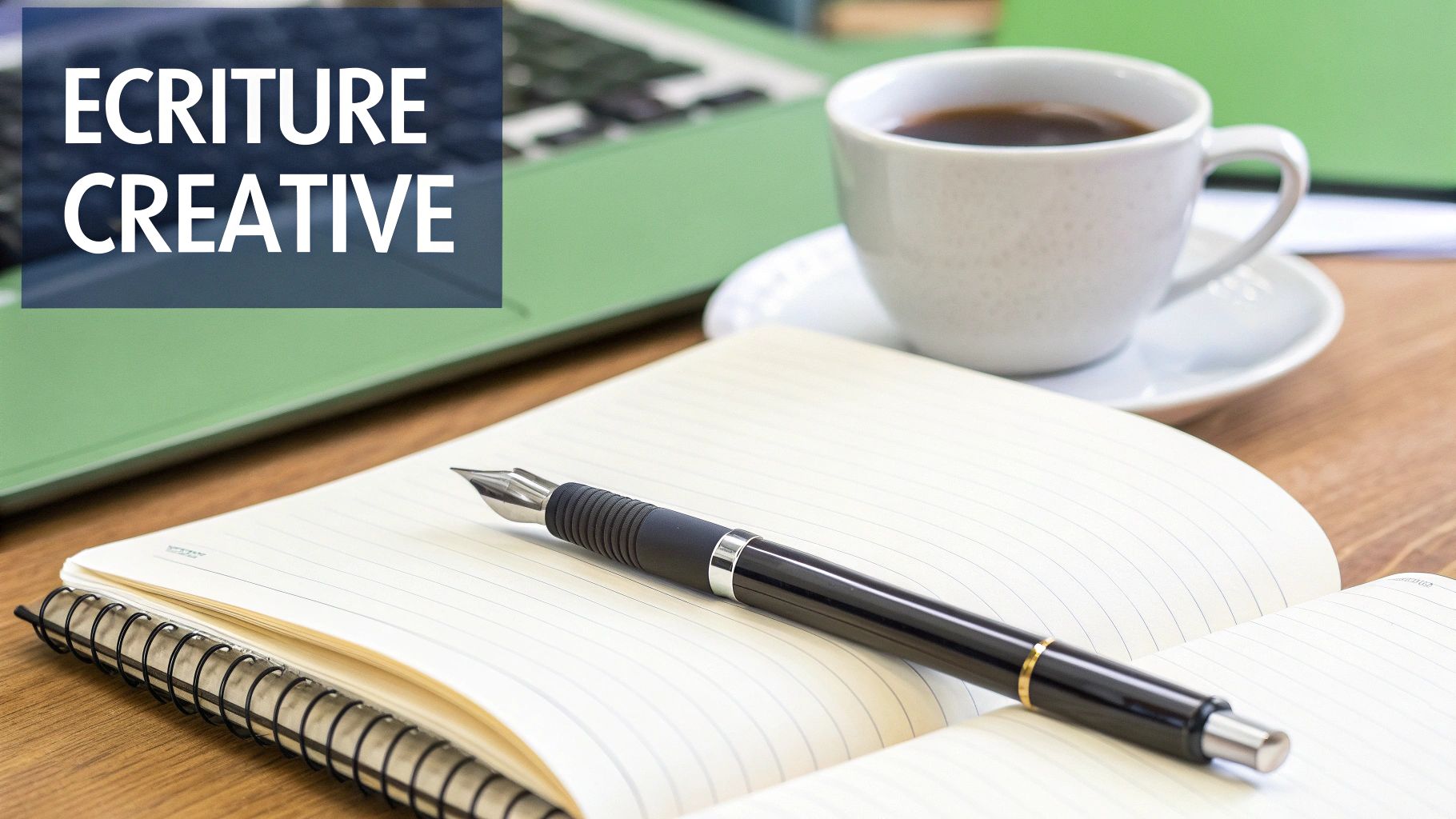 Un bureau avec un ordinateur portable, une tasse de café, un cahier ouvert et un stylo-plume, le texte 'Écriture Créative' superposé.