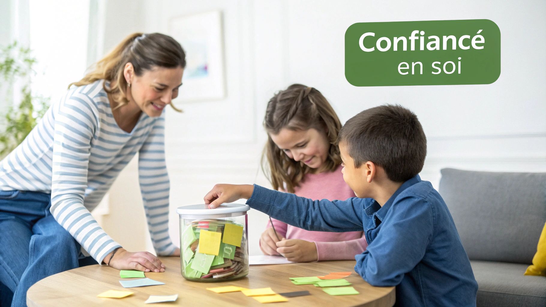 A woman and two smiling children share a moment around a jar of colorful notes to boost self-confidence.