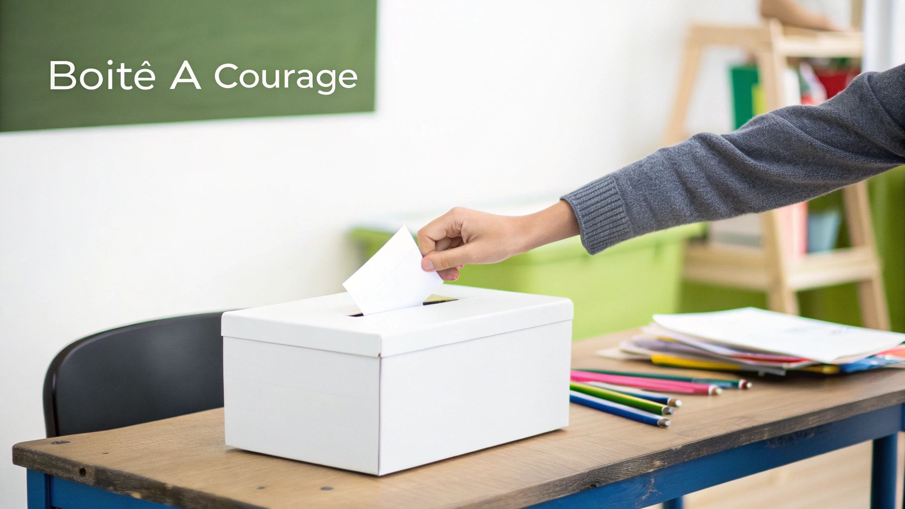 Une main dépose un papier plié dans une boîte blanche marquée "Boîte À Courage" sur un bureau en bois.