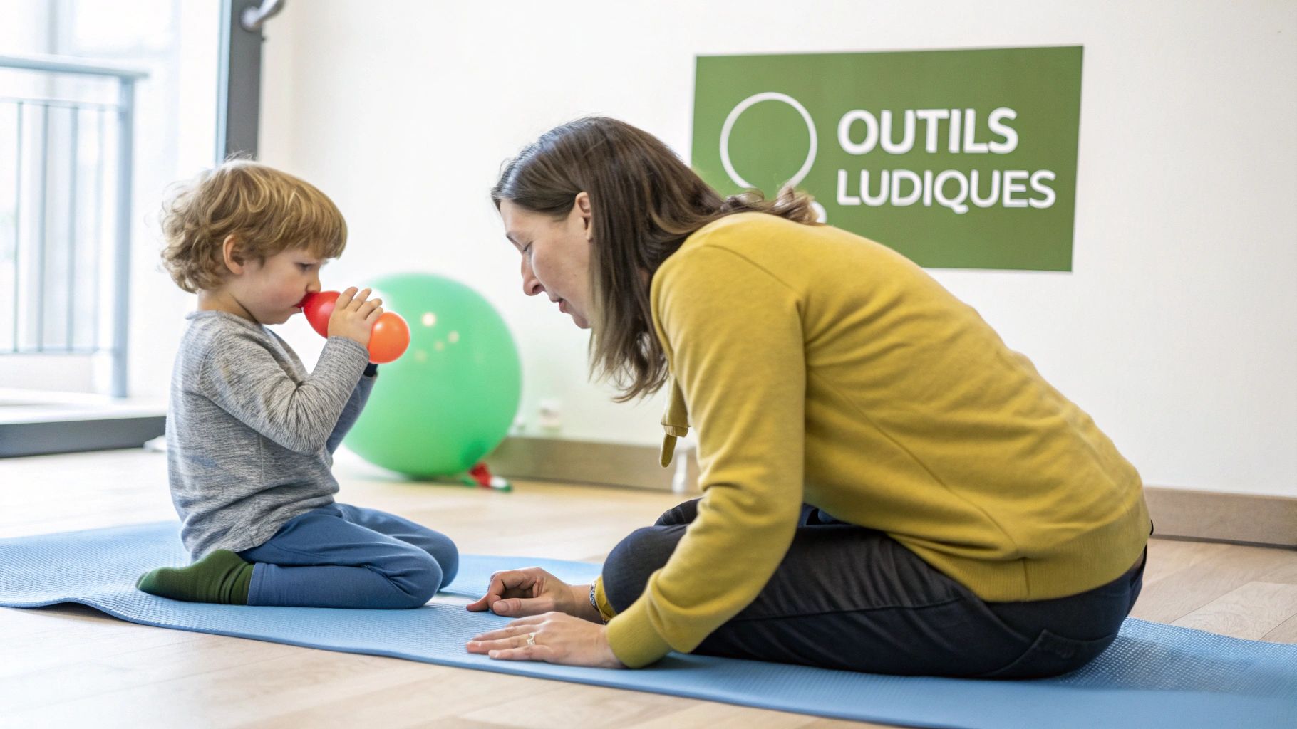 Un enfant et une femme sont assis sur un tapis bleu. L'enfant souffle dans un jouet orange, la femme l'observe attentivement.