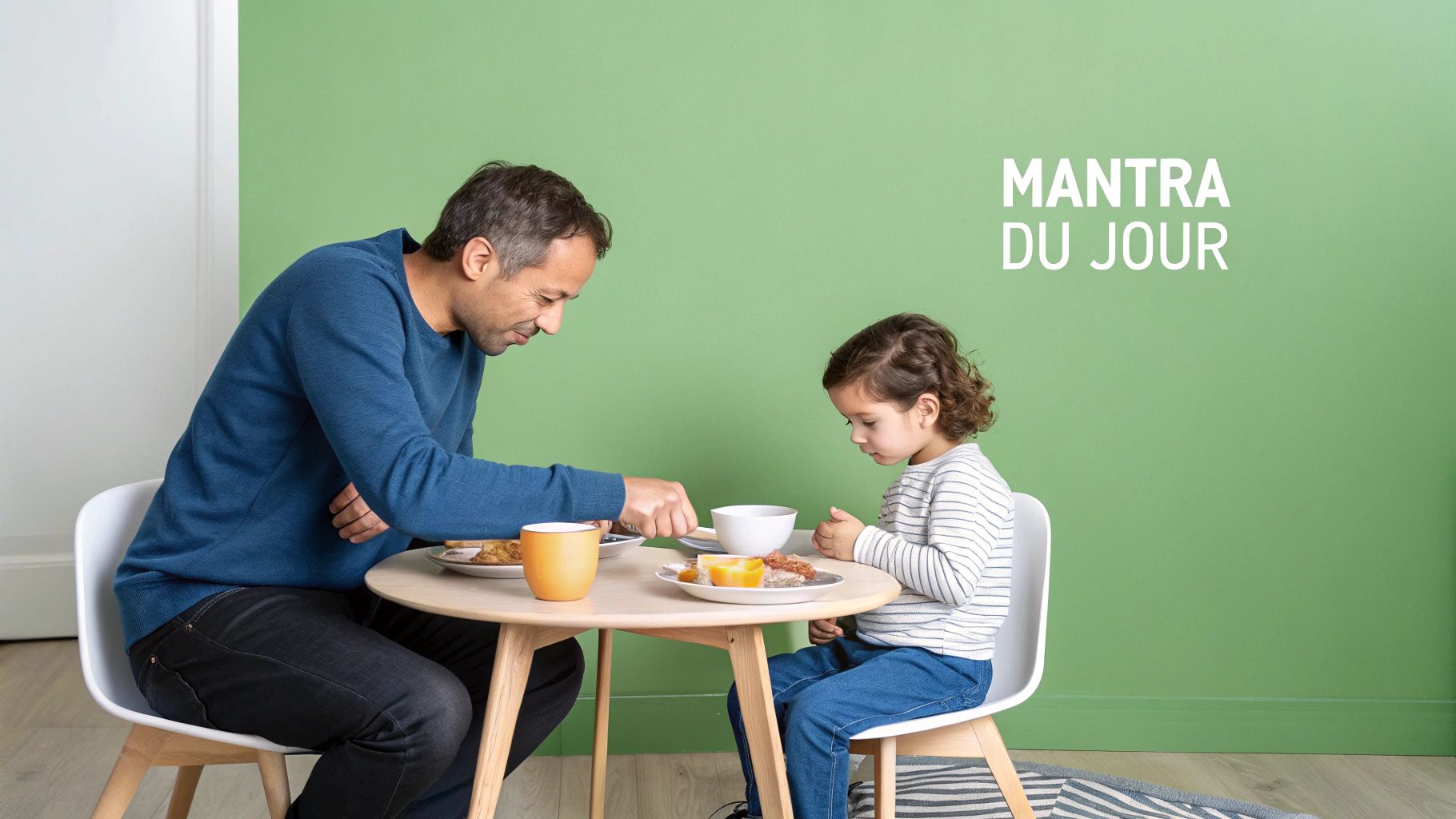 Un homme et une petite fille prennent leur petit-déjeuner ensemble, l'homme sert de la nourriture à l'enfant sur une table en bois devant un mur vert.