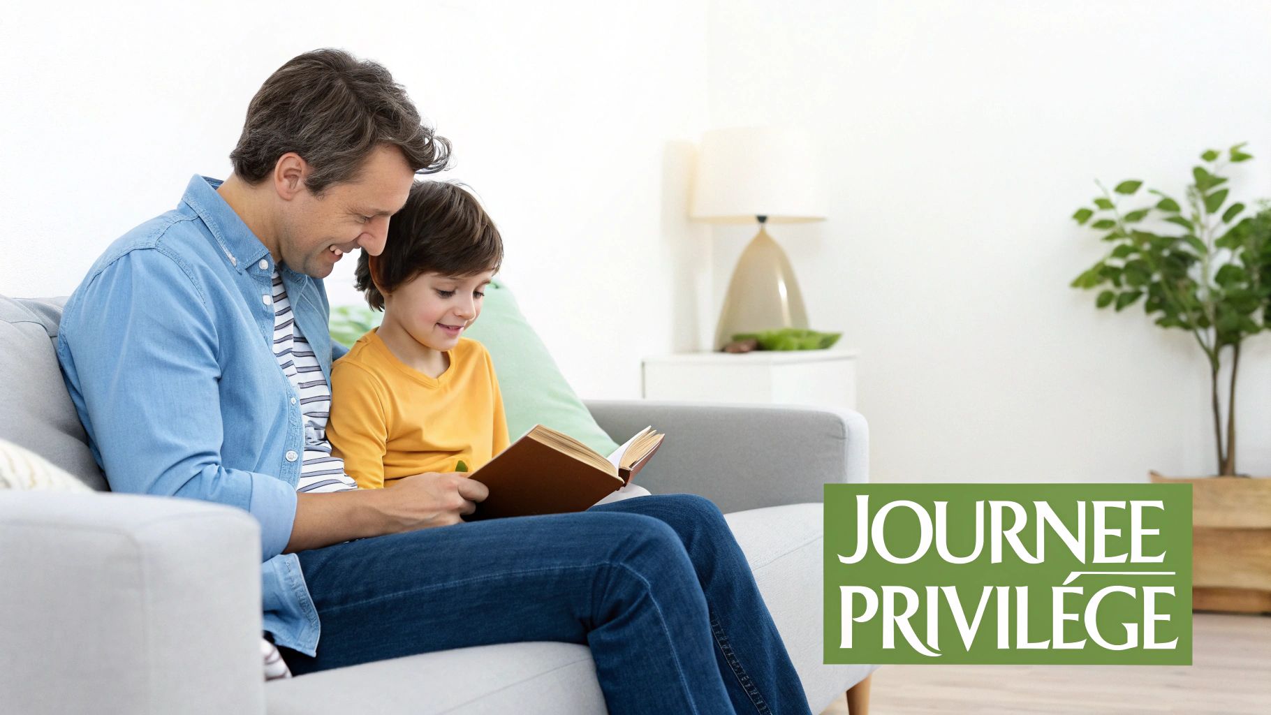 Père et fils lisant ensemble un livre sur le canapé pendant la journée privilège en famille