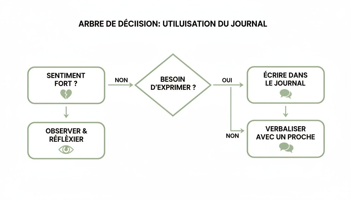 Diagramme de décision expliquant quand utiliser un journal pour gérer les émotions fortes et le besoin d'expression.