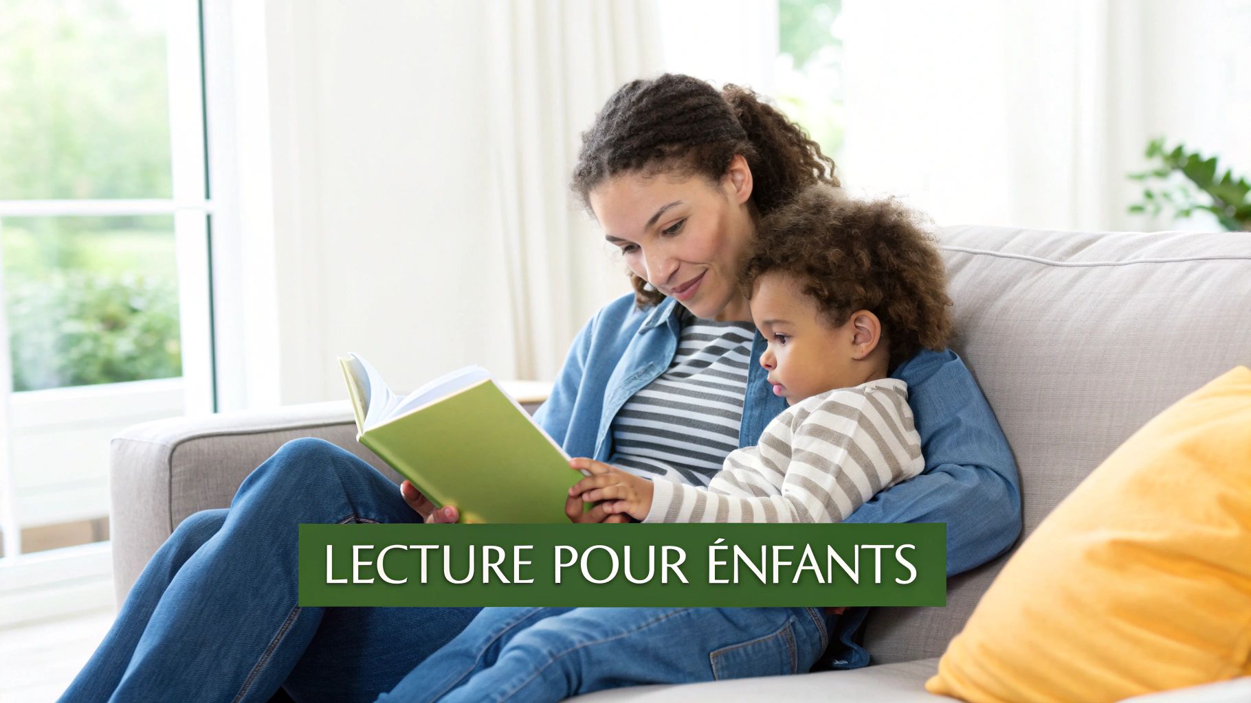 Une mère et son enfant lisent un livre ensemble sur un canapé confortable et lumineux.