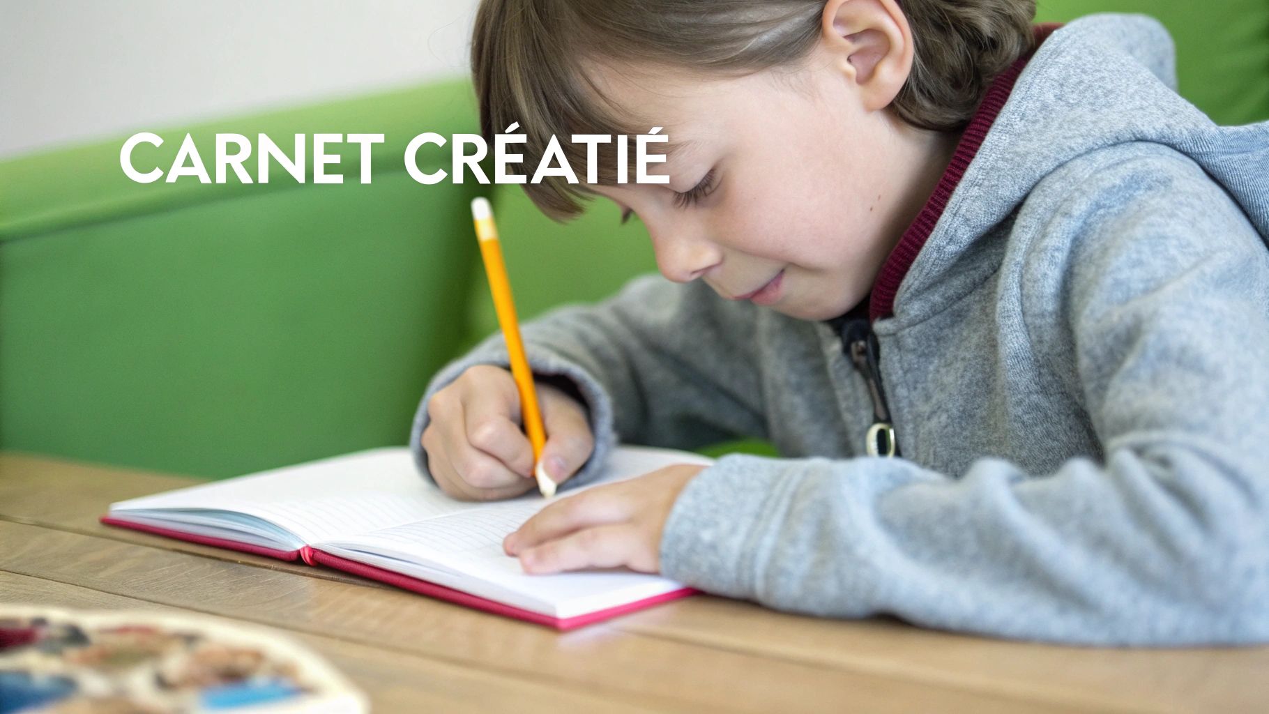 Un enfant écrit avec enthousiasme dans un carnet sur son bureau bien rangé, illustrant la concentration par l'écriture créative.