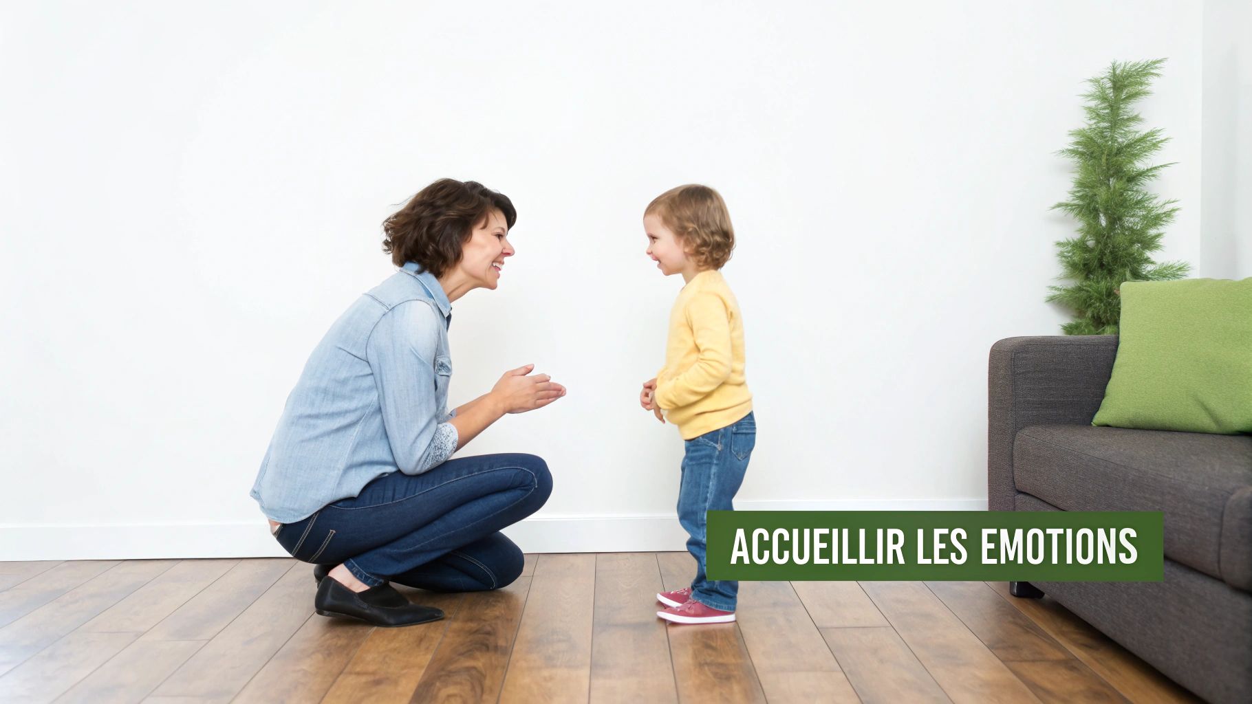 Une femme souriante s'accroupit pour parler à un jeune enfant, encourageant l'accueil des émotions.