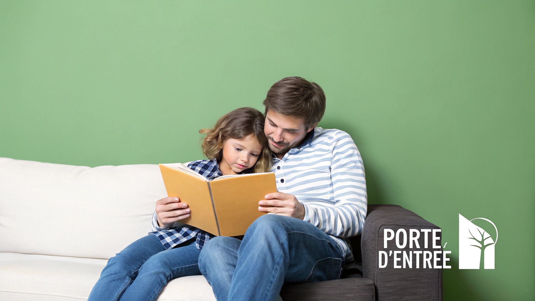 Un enfant lit un livre avec sa mère, tous deux souriants, dans un salon confortable.