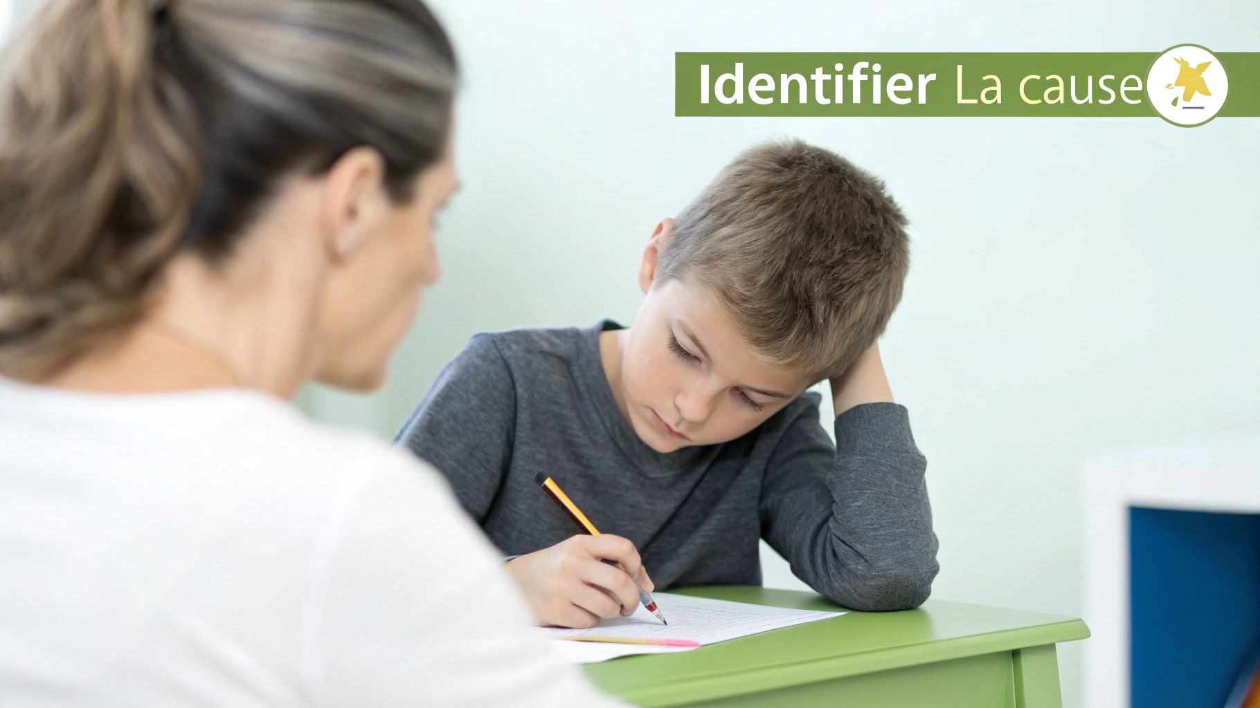 Un enfant pensif regardant par la fenêtre au lieu de faire ses devoirs, illustrant le manque de concentration.