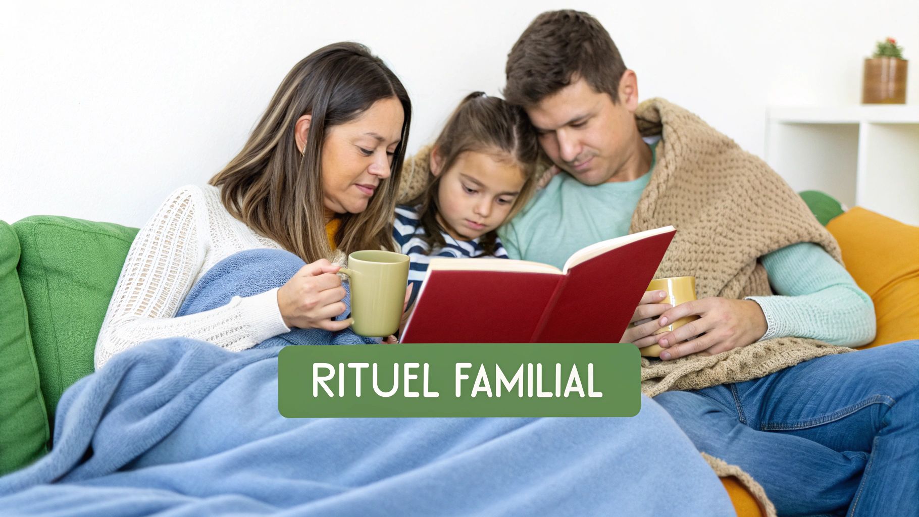 Une famille confortablement installée sur un canapé, lisant un livre ensemble sous des couvertures, avec des tasses.