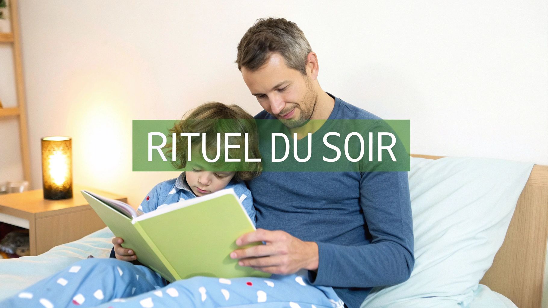 Un père et son jeune enfant lisent un livre ensemble au lit, symbolisant un rituel du soir.