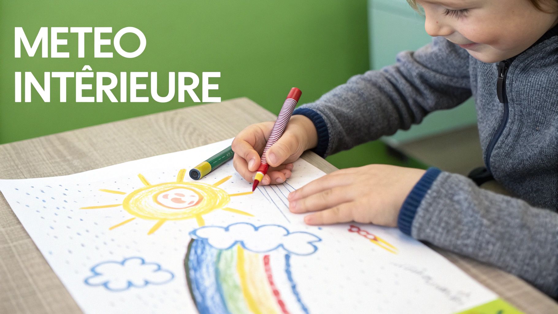 Un enfant dessine un soleil et un arc-en-ciel sur une feuille de papier, avec le texte "METEO INTÉRIEURE".