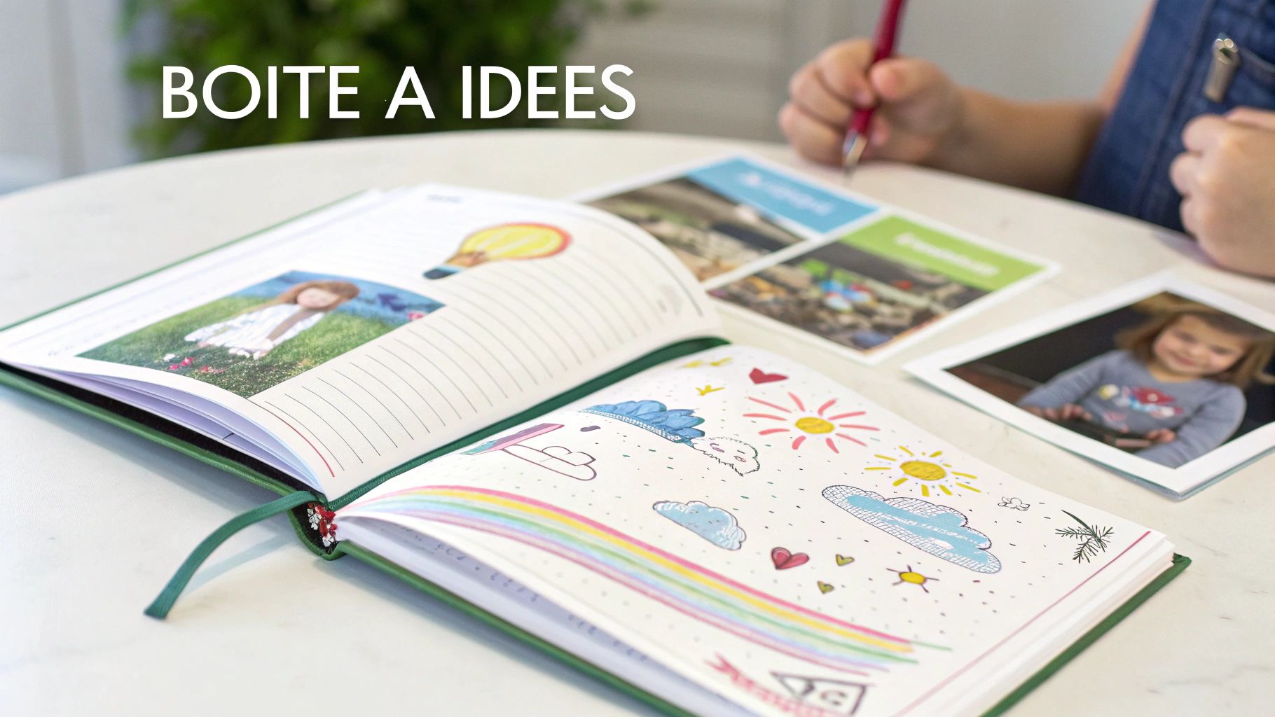 Une personne écrit dans un journal ouvert avec des photos et des dessins colorés sur une table blanche, évoquant la créativité et les souvenirs.