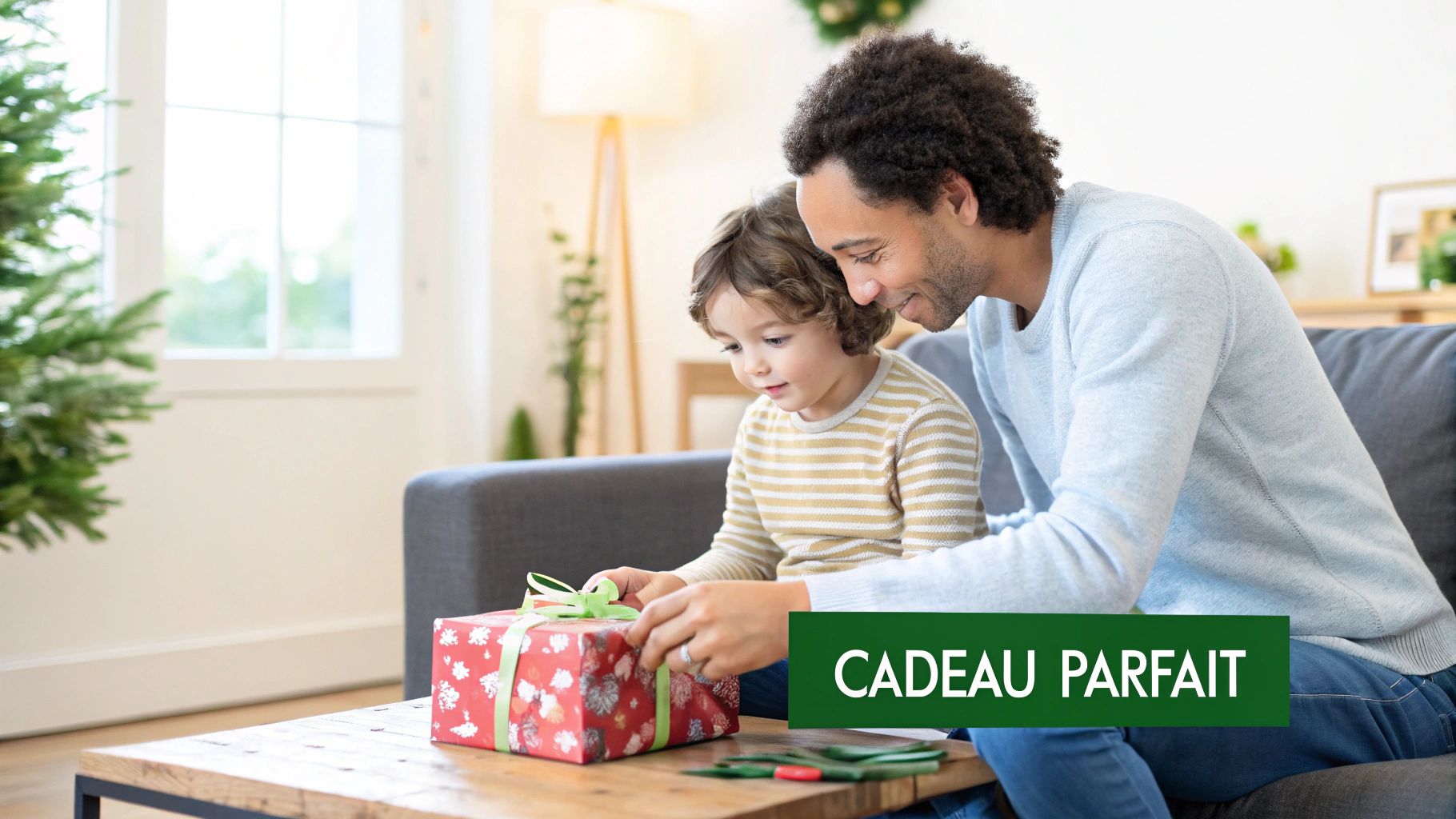 Un père et son fils ouvrent joyeusement un cadeau de Noël avec un ruban vert, près d'un sapin.
