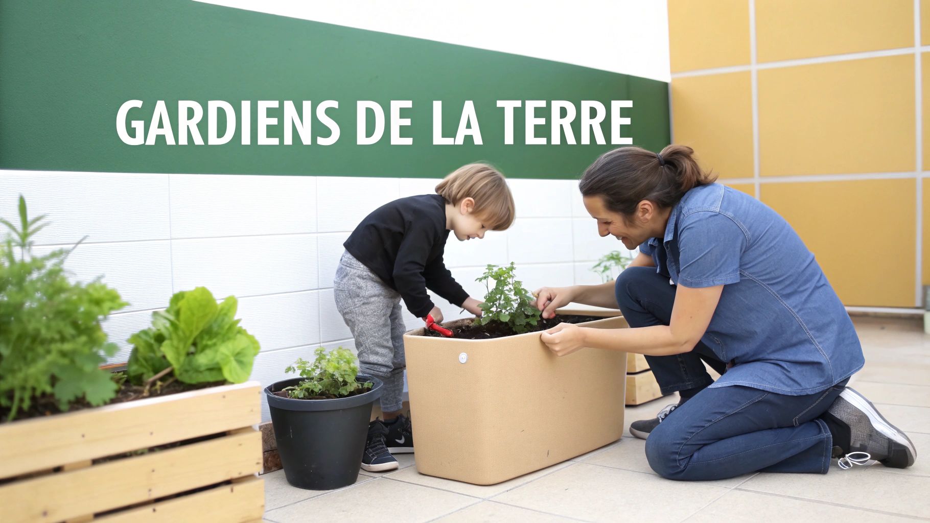 Une main d'adulte et une main d'enfant plantant ensemble une petite pousse dans un pot.