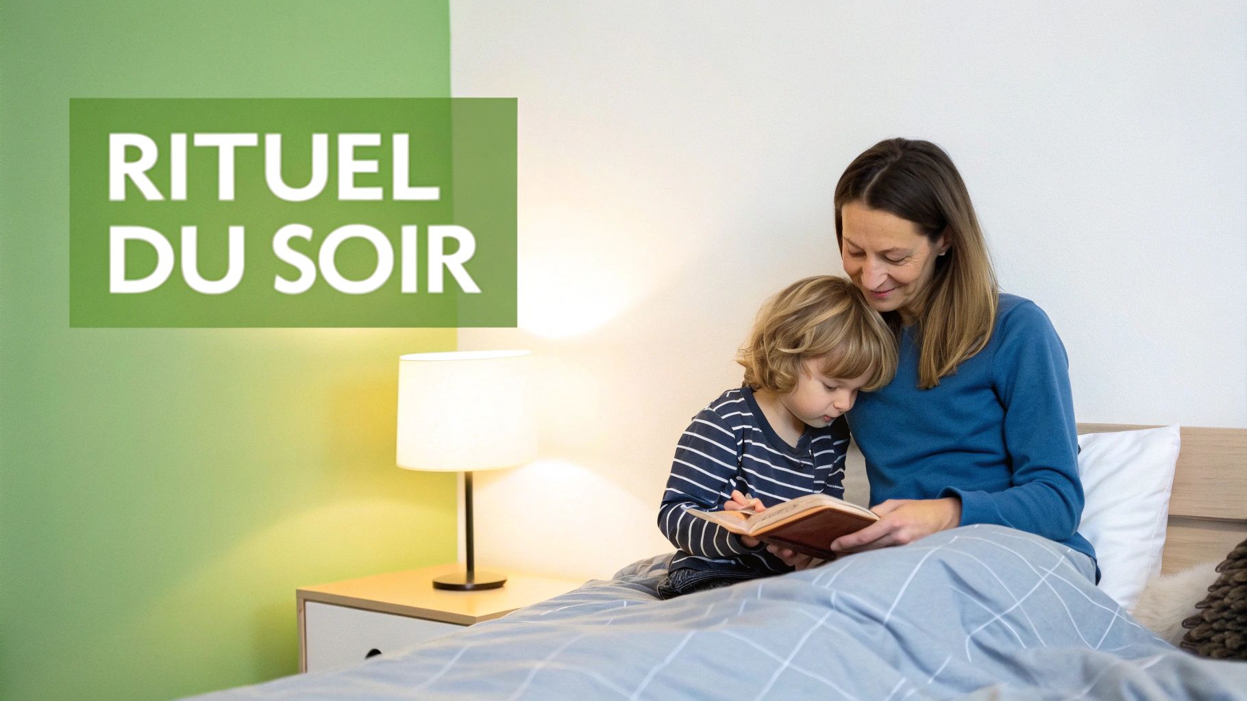Une femme et un enfant lisent un livre ensemble dans un lit. Le texte indique "RITUEL DU SOIR".