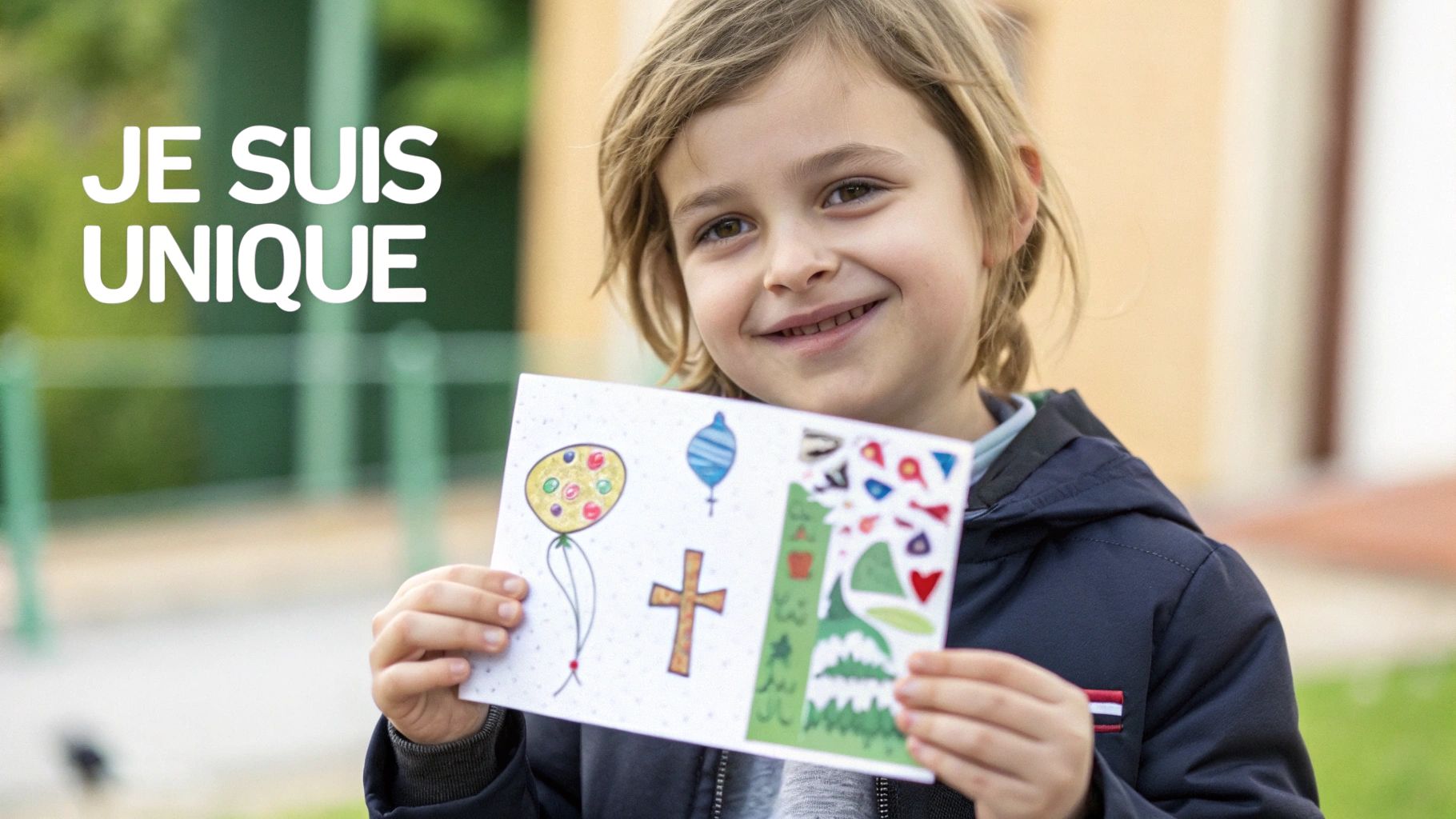 Un enfant souriant tenant fièrement un dessin coloré, avec le texte "JE SUIS UNIQUE" visible en arrière-plan.