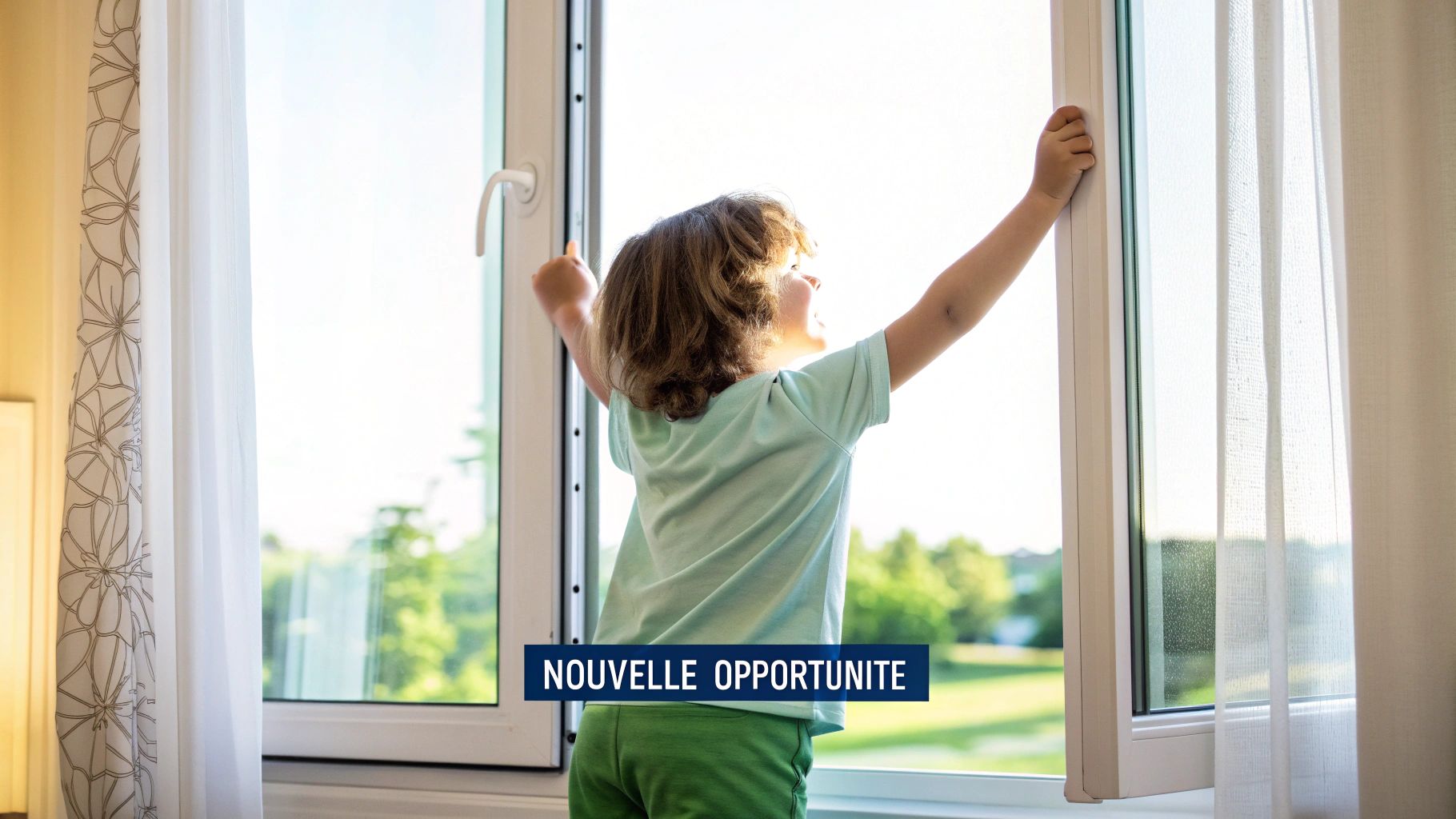 Un enfant heureux lève les bras devant une fenêtre ouverte, regardant un paysage ensoleillé. Le texte dit 'NOUVELLE OPPORTUNITÉ'.