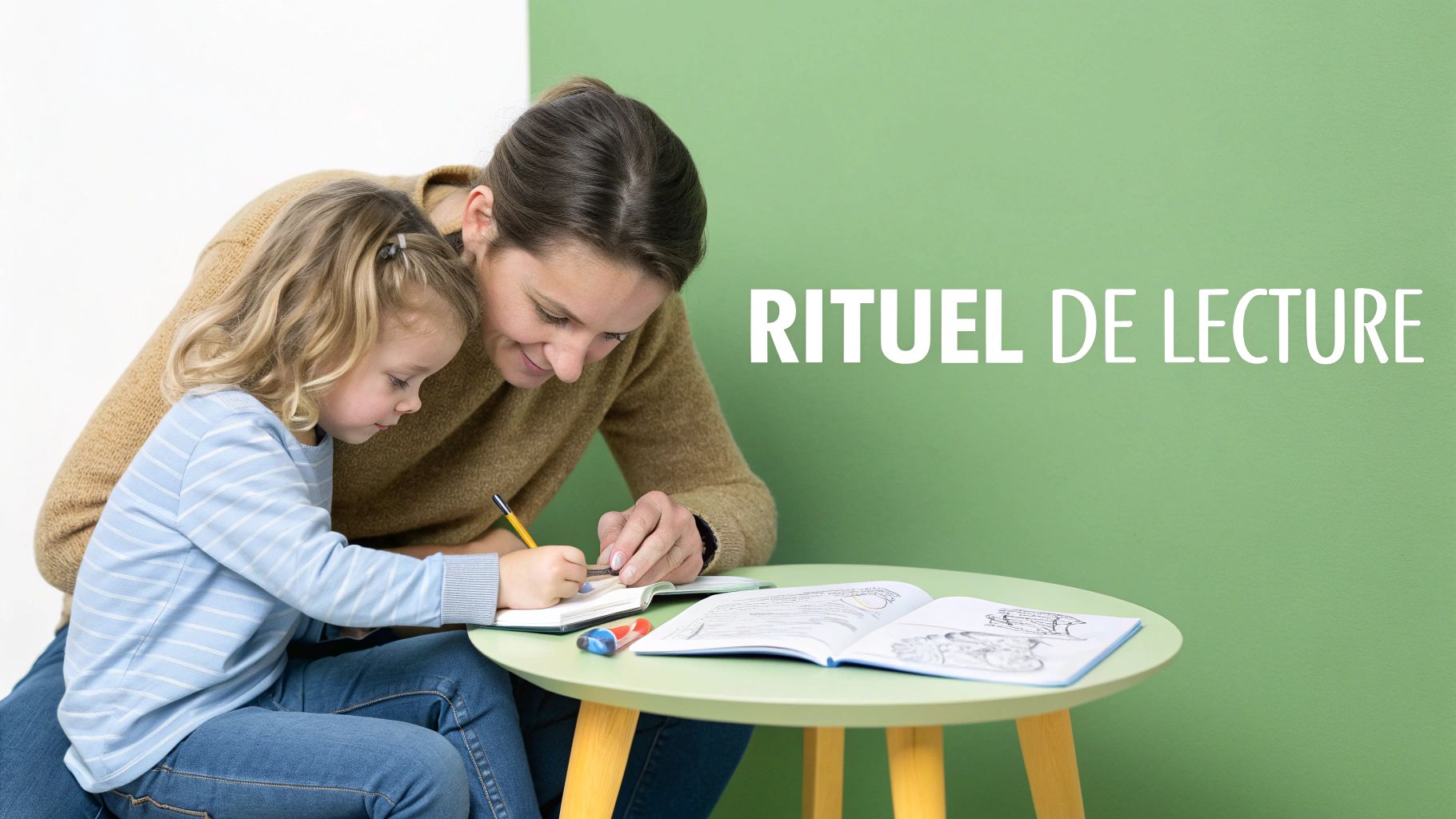 Un rituel de lecture avec une adulte et un enfant dessinant et apprenant côte à côte.