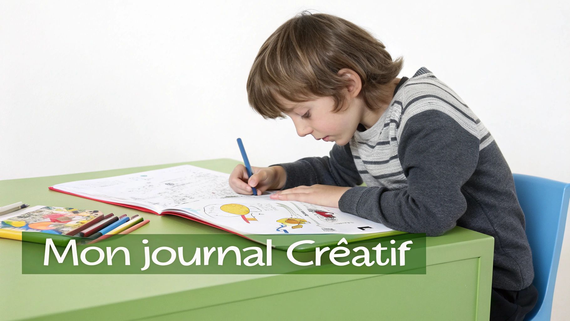 Un parent et un enfant assis à une table, discutant joyeusement devant un carnet ouvert.