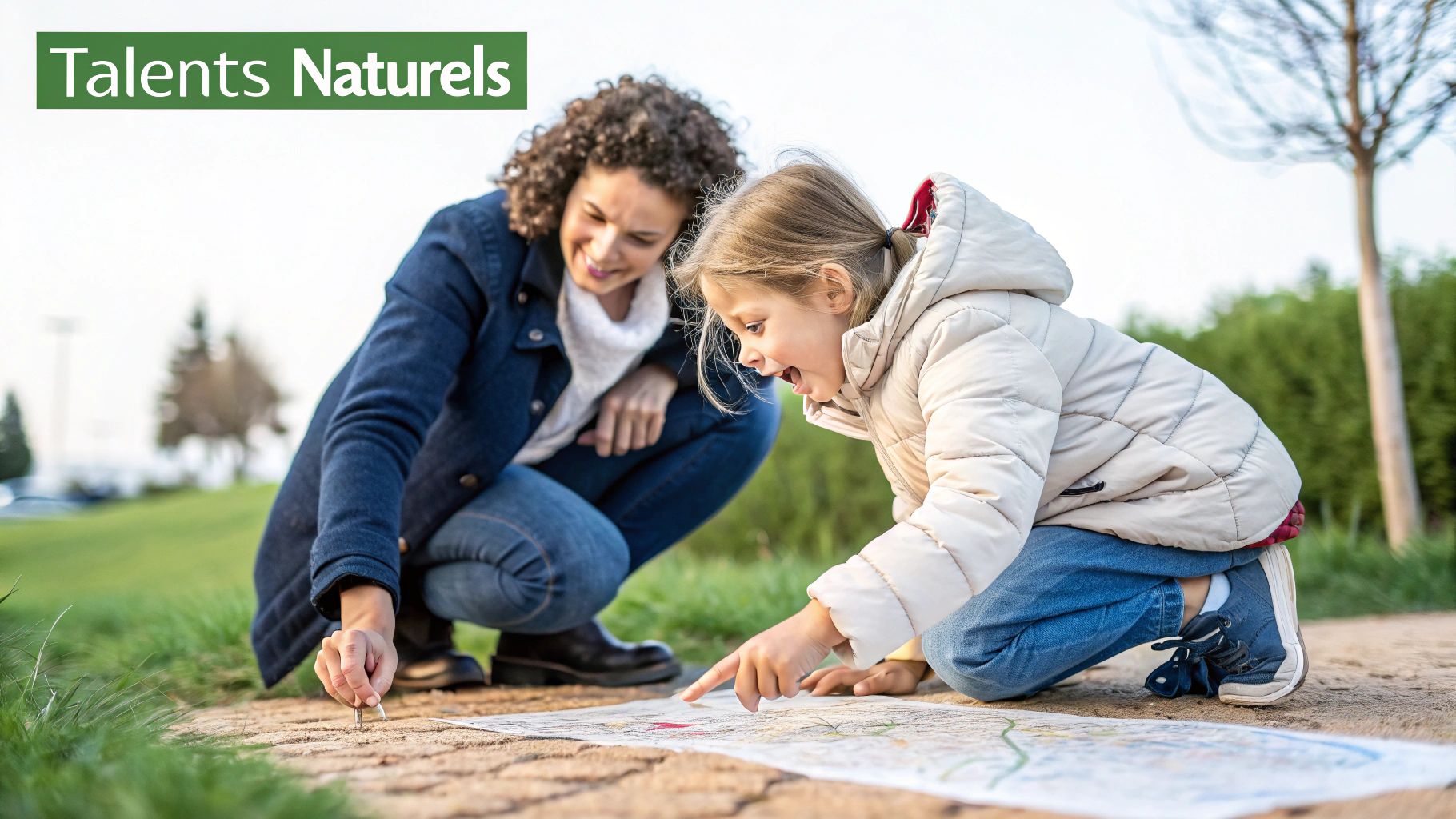 A smiling woman and child look at a map on the ground, as if for a treasure hunt, outdoors.
