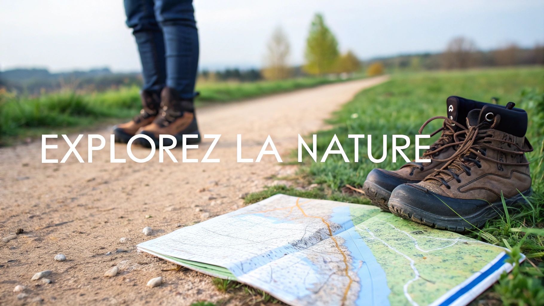 Une personne se tient sur un sentier avec des bottes de randonnée, une carte dépliée et une autre paire de bottes à côté.