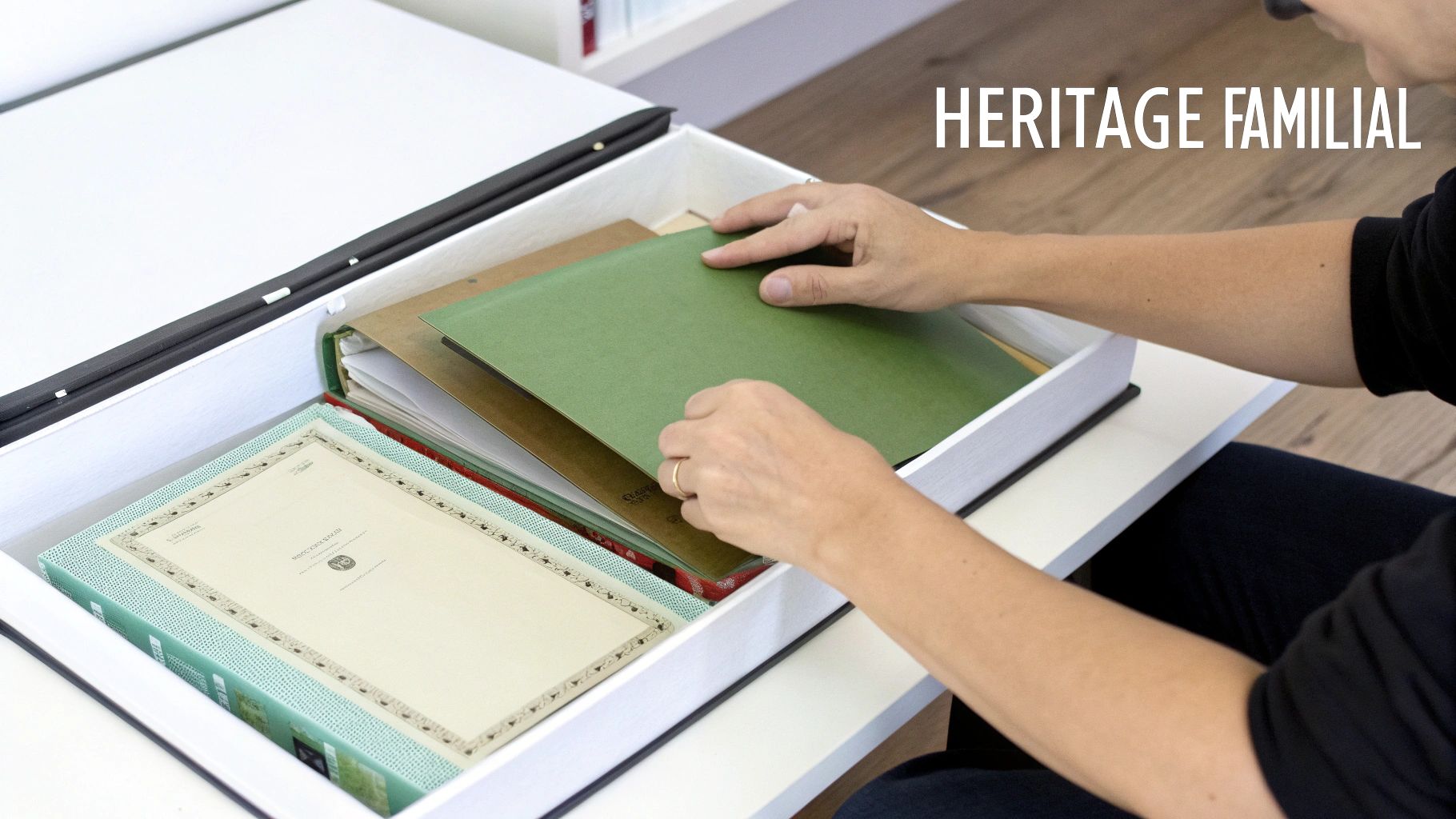 Une main d'enfant collant une photo dans un carnet ouvert, entourée de crayons.