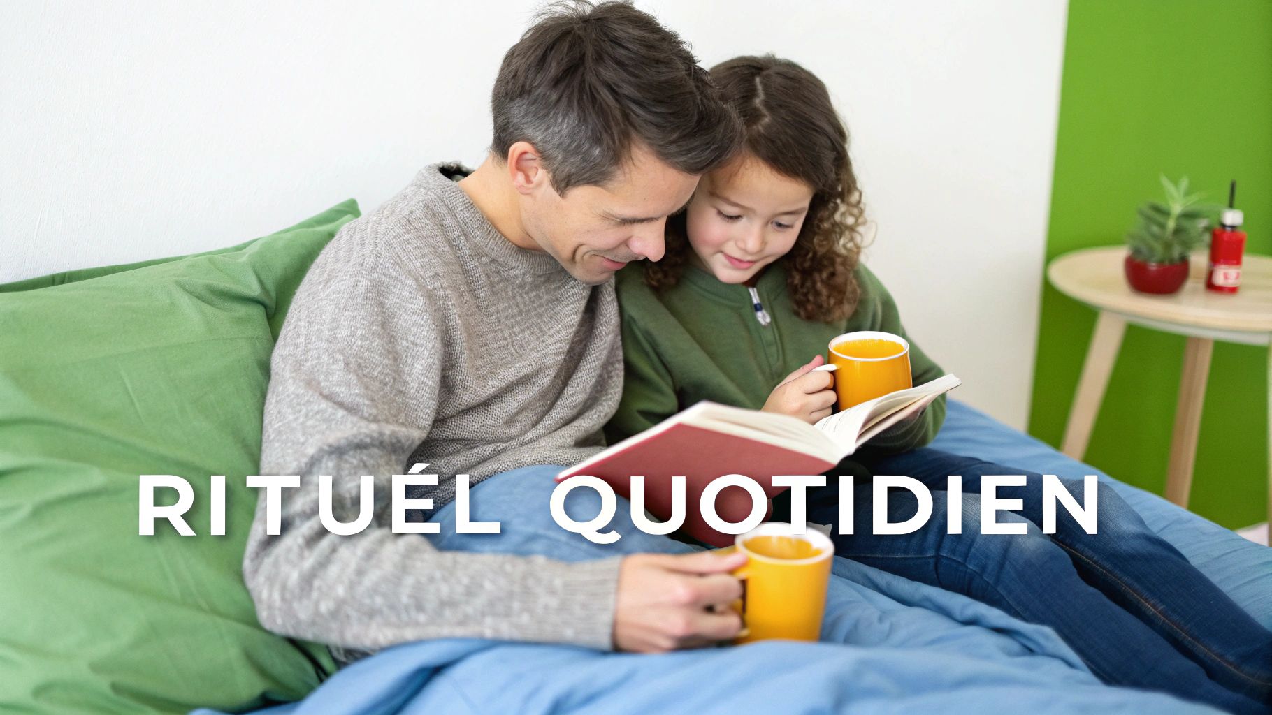 Un père et sa fille lisent un livre ensemble et boivent dans des tasses au lit, avec le texte "Rituel Quotidien".