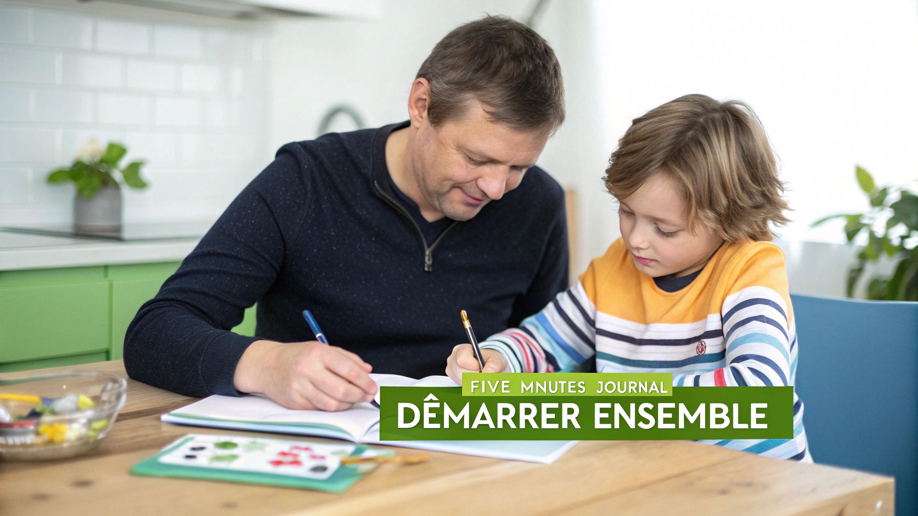 Un enfant écrit dans son journal, assis confortablement sur le sol à côté d'un parent.