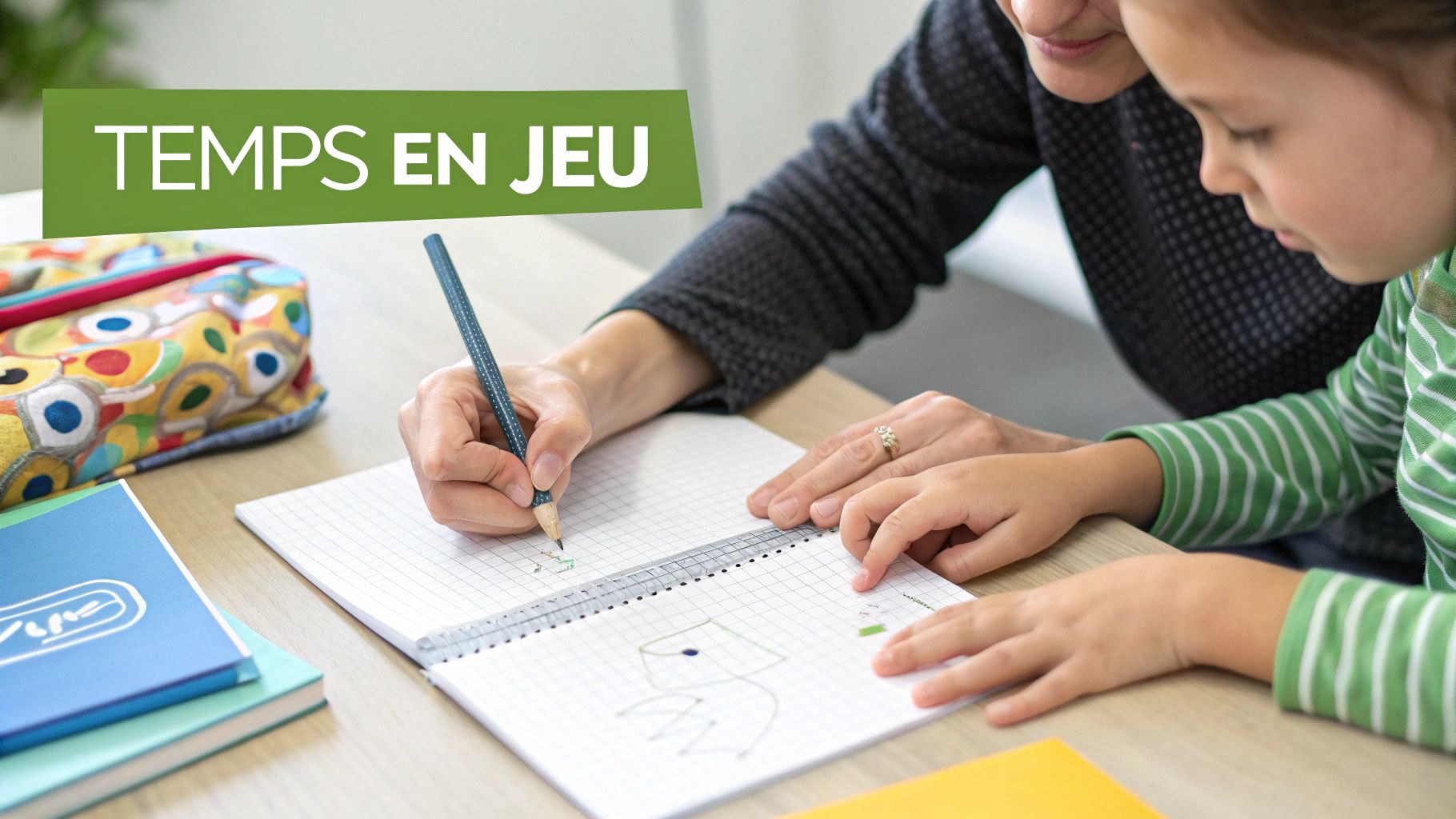 Mère et enfant travaillant ensemble sur un cahier, apprentissage et devoirs à la maison