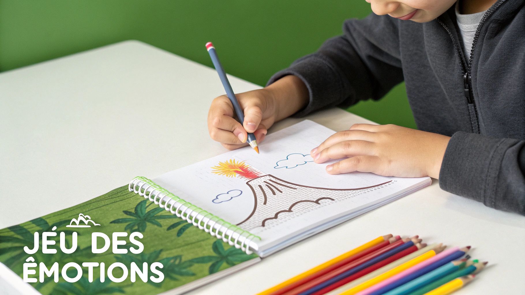 Un enfant dessine un volcan en éruption dans un cahier "JEU DES ÉMOTIONS", avec des crayons de couleur à côté.