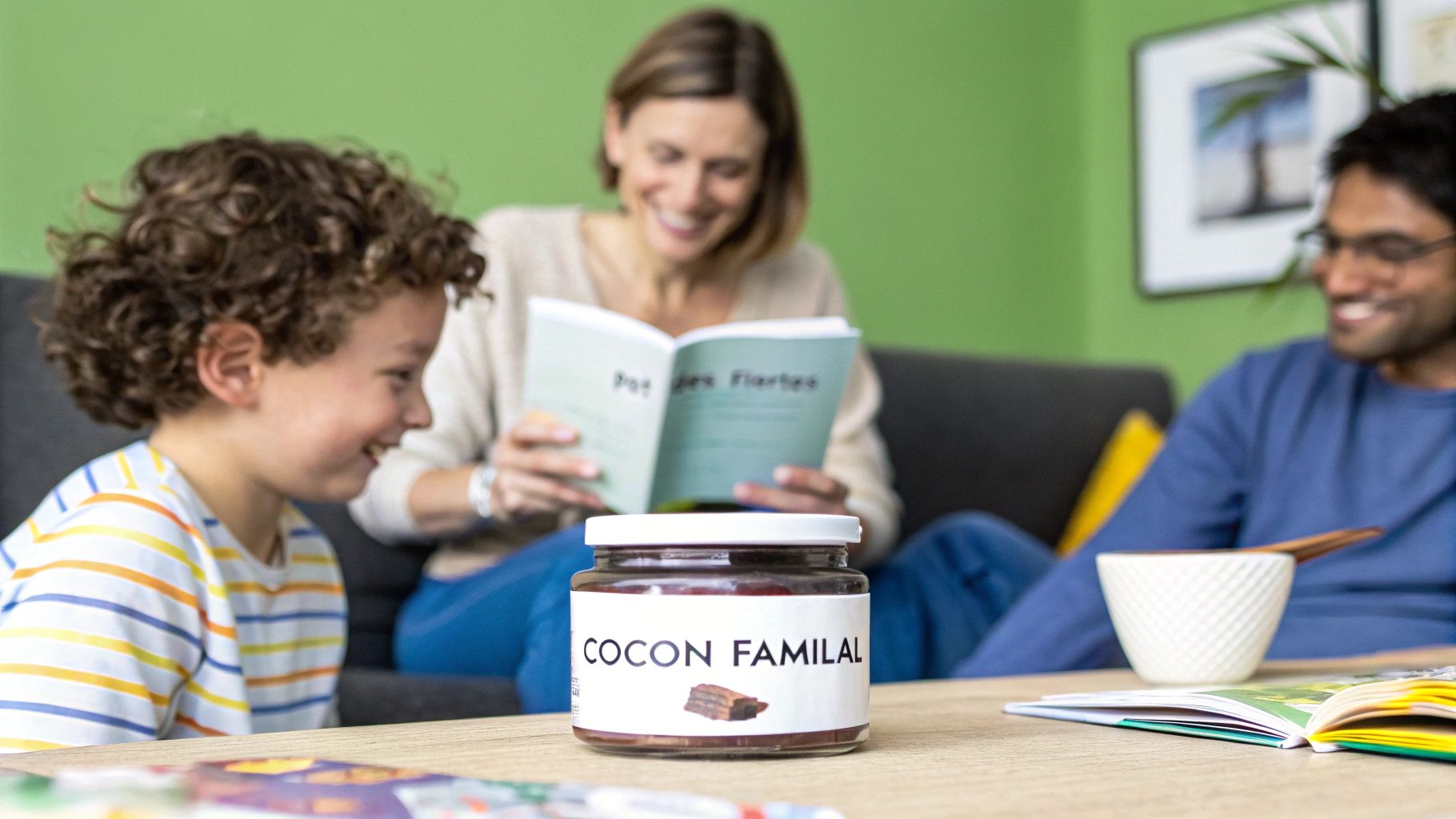 Une famille heureuse passe un moment de détente à la maison, avec un enfant souriant et des parents lisant.