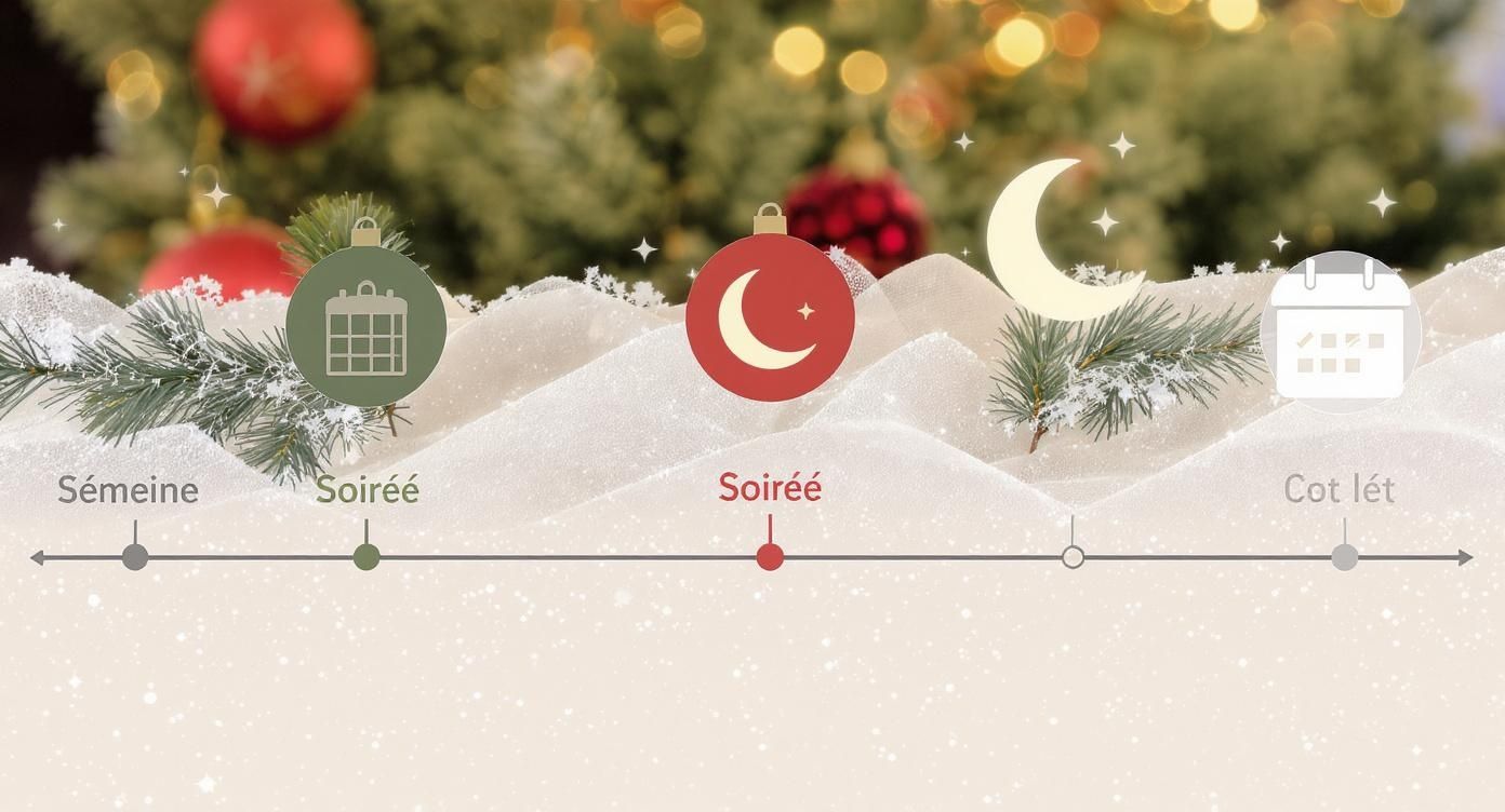 Timeline festive de Noël avec icônes de calendrier et lune, illustrant des événements enneigés.
