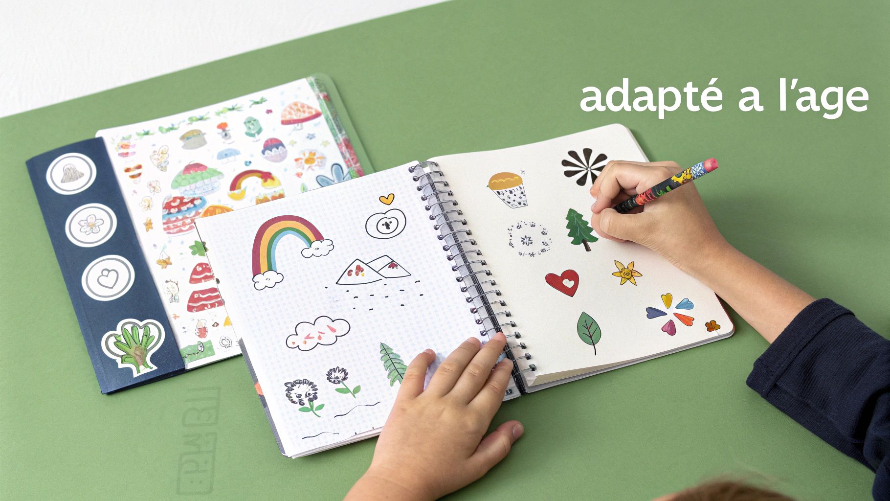 Des mains d'enfant dessinent et collent des autocollants colorés dans un carnet à spirale sur une table verte.