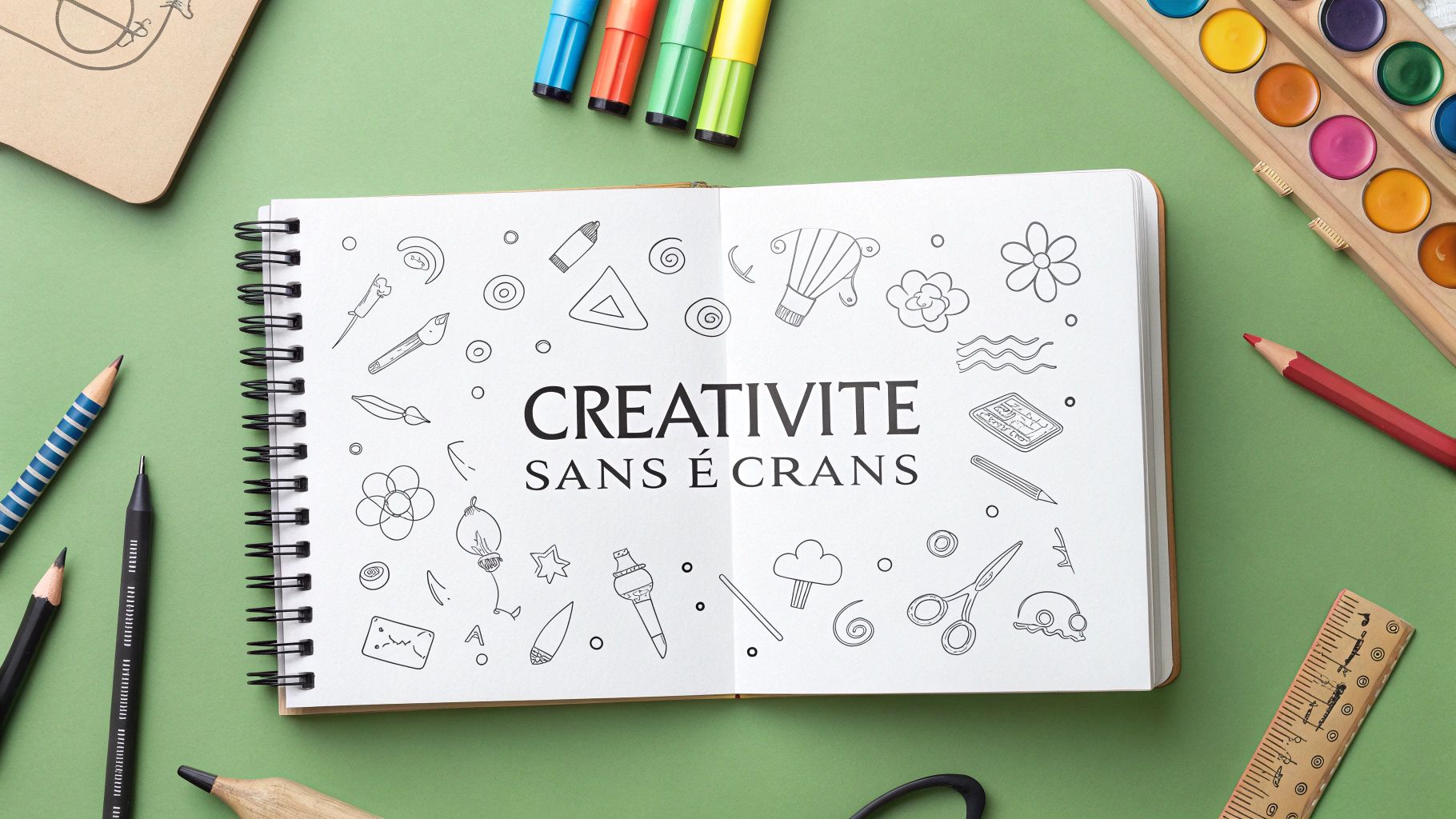 Un carnet ouvert avec l'inscription "CRÉATIVITÉ SANS ÉCRANS", entouré de crayons, marqueurs et aquarelles sur fond vert.