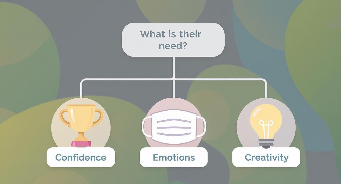 Diagramme posant la question 'Quel est leur besoin?' avec trois branches: Confiance (trophée), Émotions (masque), Créativité (ampoule).