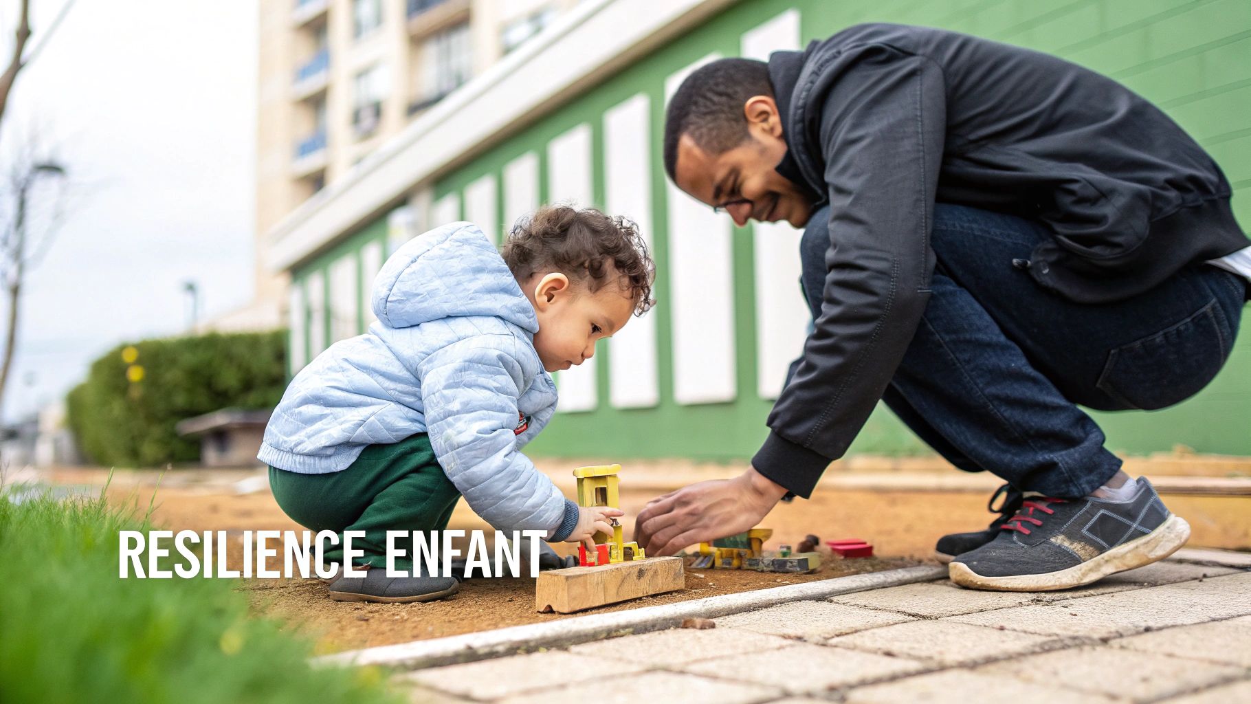 A man and a young child play with wooden toys on the ground outside, reflecting resilience.