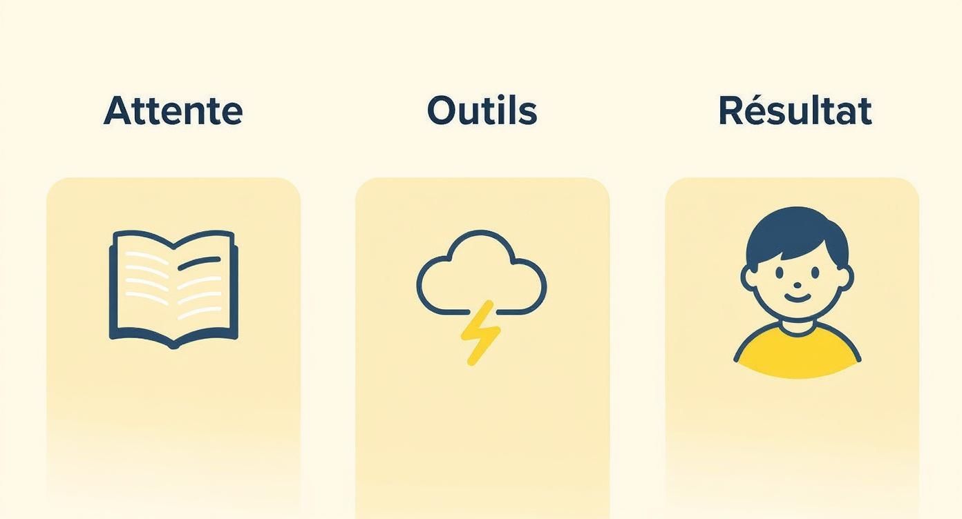 Infographie illustrant comment les outils de communication émotionnelle transforment l'attente d'expression spontanée en un résultat positif pour l'enfant.