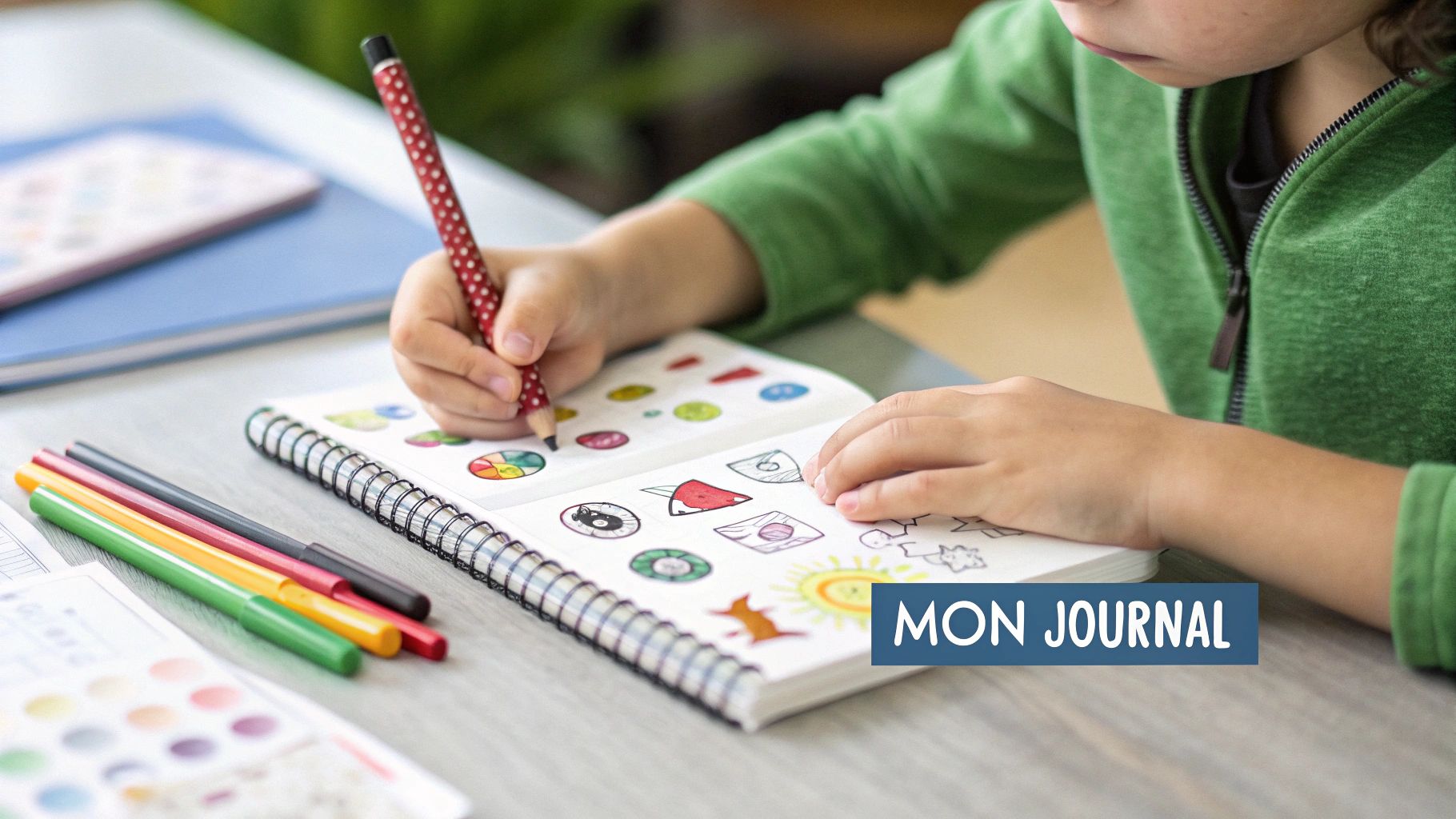 Mains d'enfant dessinant avec un crayon à pois rouges dans un carnet à spirales. Stylos colorés sur une table en bois.