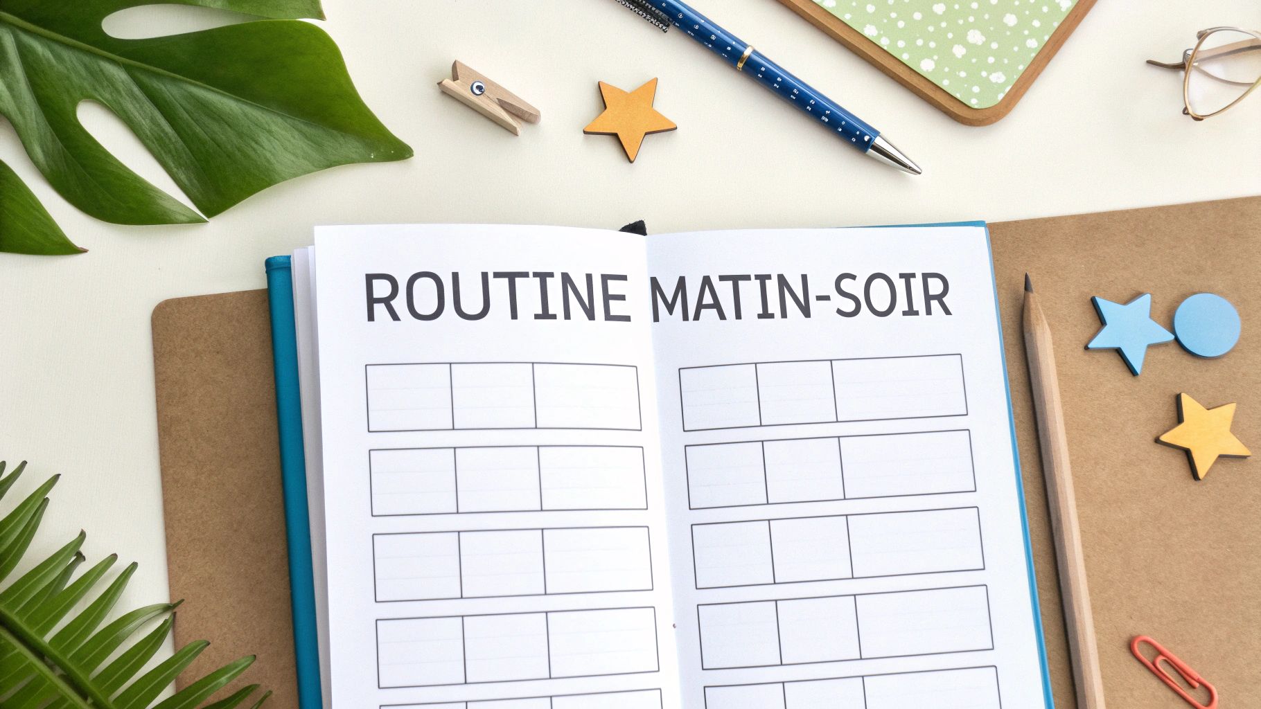 Un enfant écrit dans un carnet sur une table en bois, entouré de crayons de couleur.