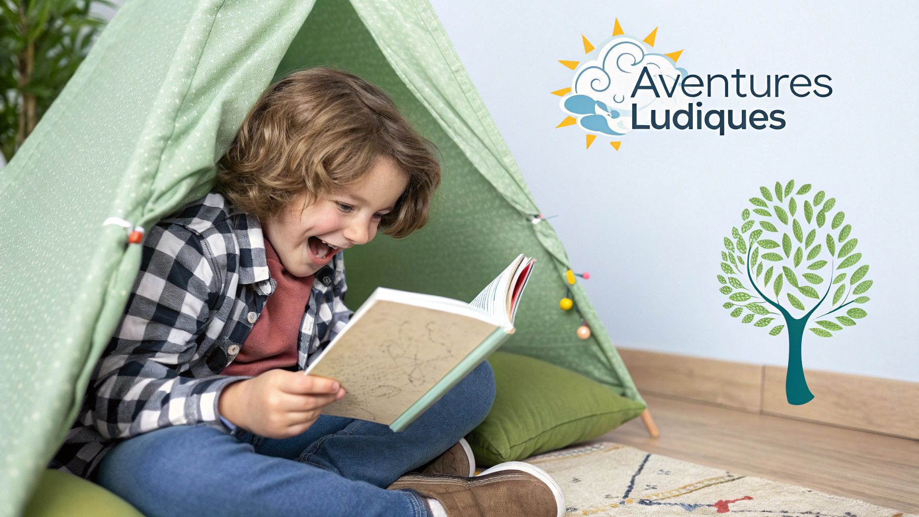 Un enfant lit joyeusement un livre coloré assis par terre, illustrant l'aventure de la lecture.