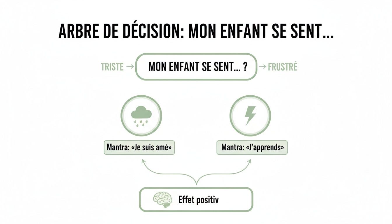 Arbre de décision pour aider les enfants avec leurs émotions: tristesse ou frustration, menant à des mantras positifs.