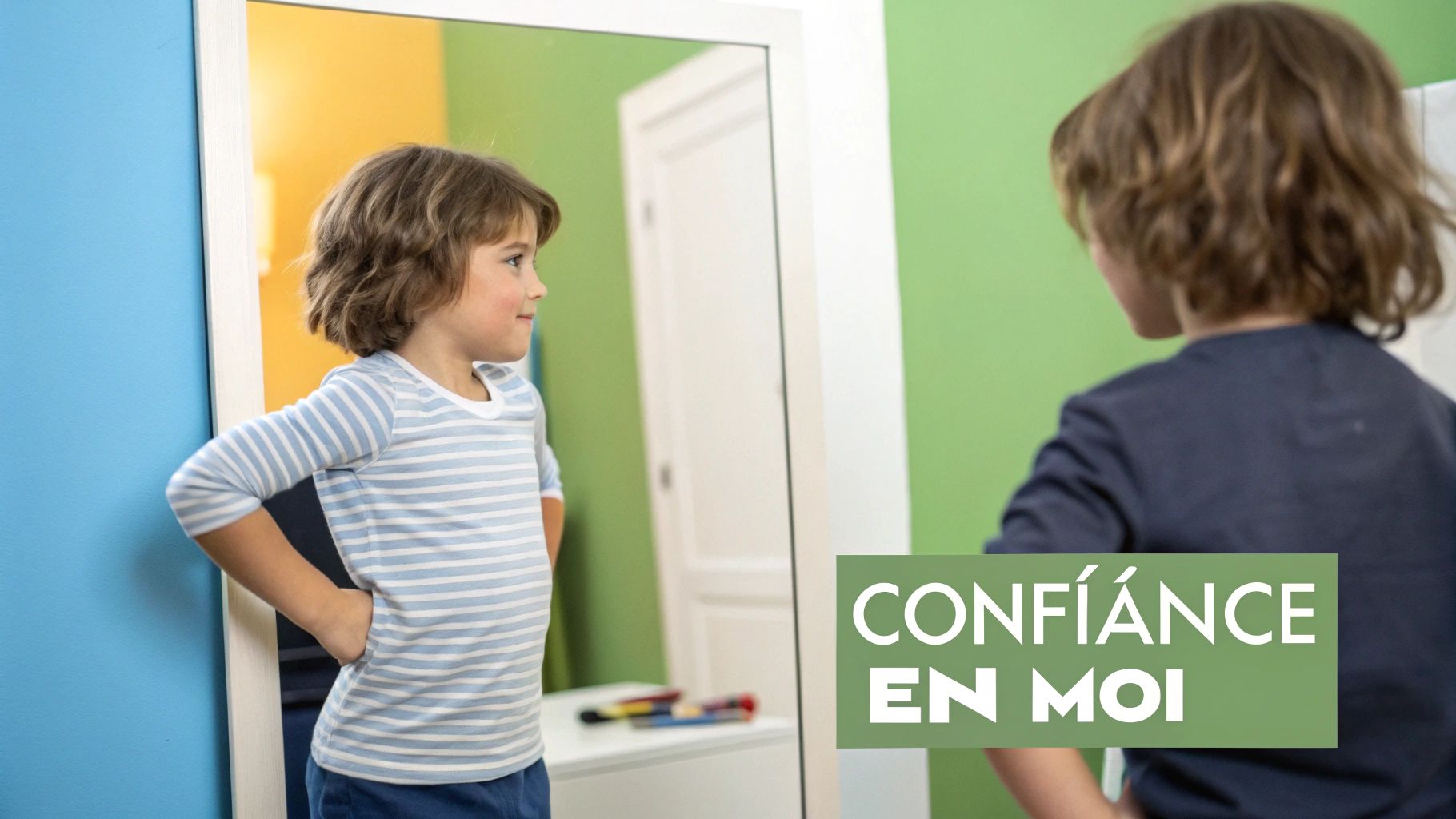 Un jeune garçon regarde son reflet dans un miroir, les mains sur les hanches, affichant confiance en soi.