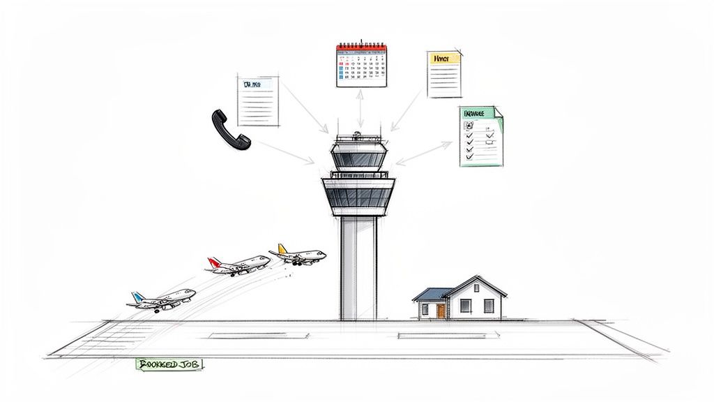 An airport control tower centralizes various administrative tasks like calls, scheduling, invoicing, and checklists, with airplanes taking off.