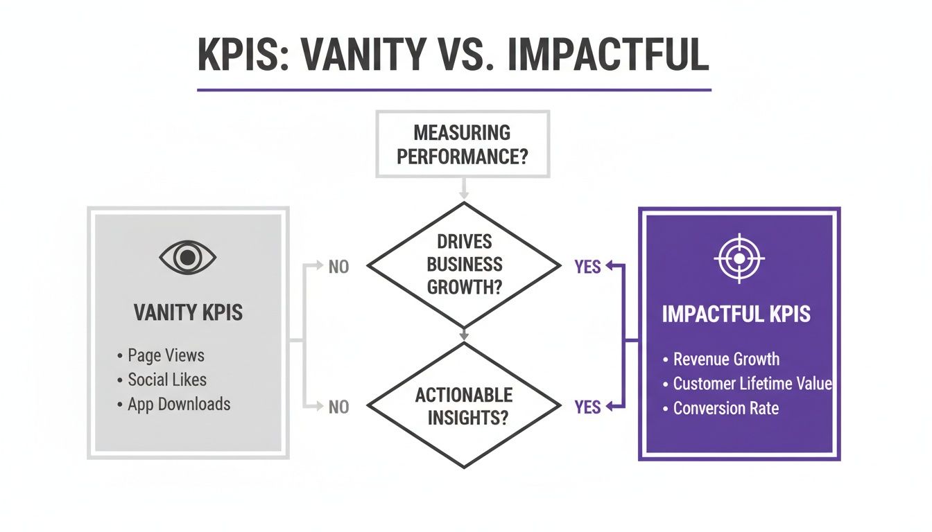 Flowchart comparing vanity KPIs (page views, social likes) with impactful KPIs (revenue growth, conversion rate).