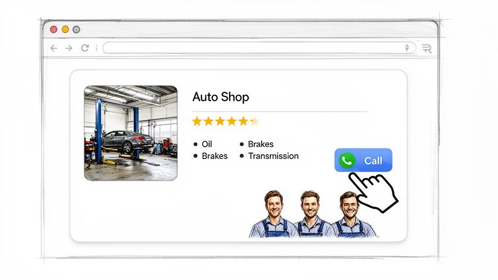 A browser window shows an auto shop search result with services, ratings, and a 'Call' button being clicked.
