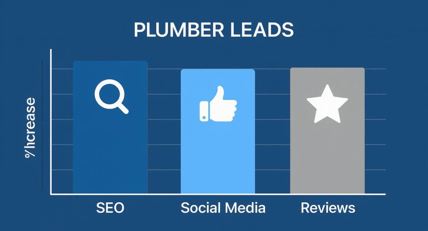 Bar chart illustrating the percentage increase in plumber leads from SEO, social media, and customer reviews.
